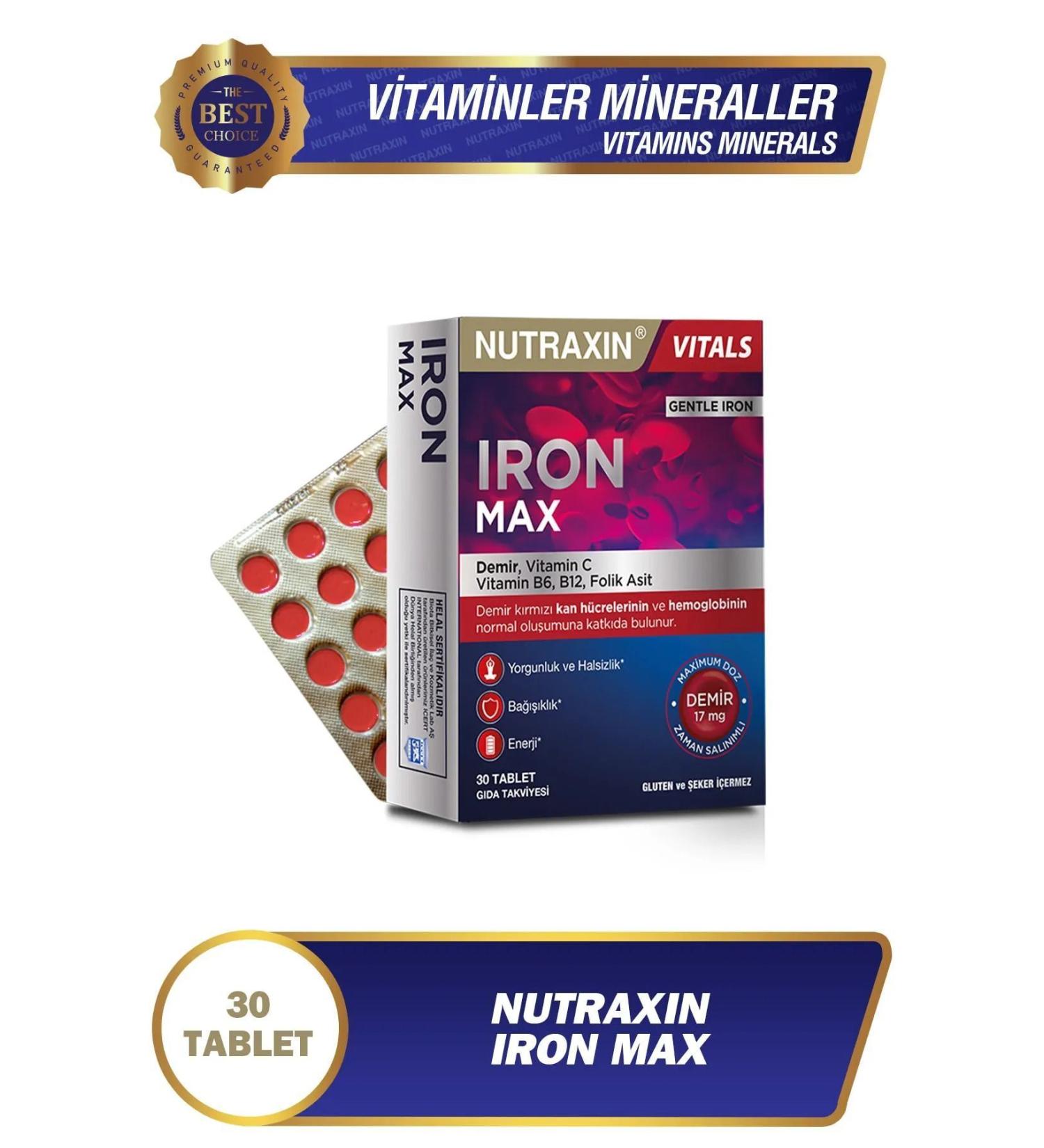 Nutraxin Iron Max 17 Mg 30 Tablets - Iron Vitamin C Vitamin B6 Folic Acid B12