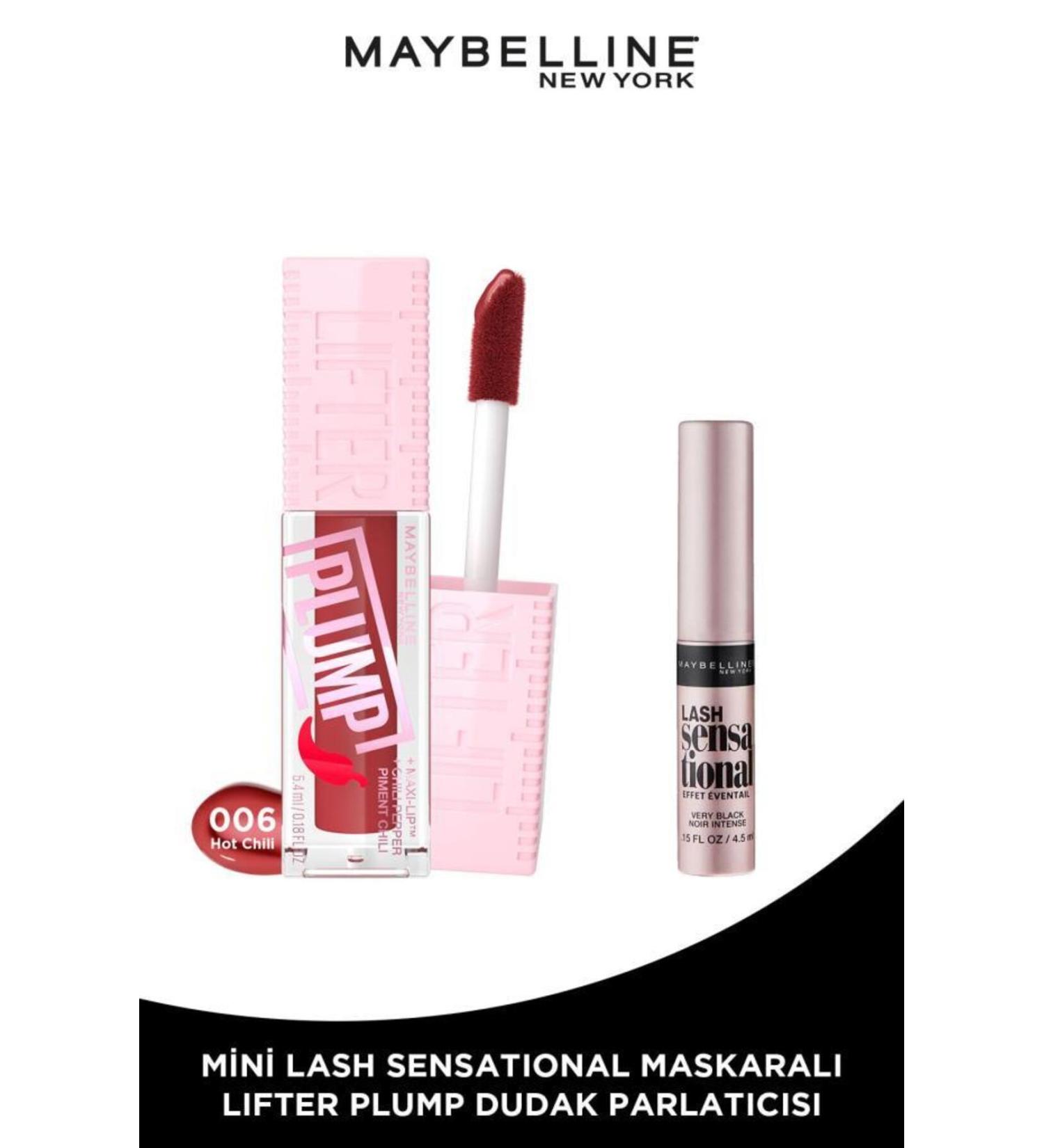 Maybelline New York Lifter Plump Lip Gloss 006 Hot Chili Red & Mini Lash Mascara Makeup Set - Buy Online on GoSupps.com