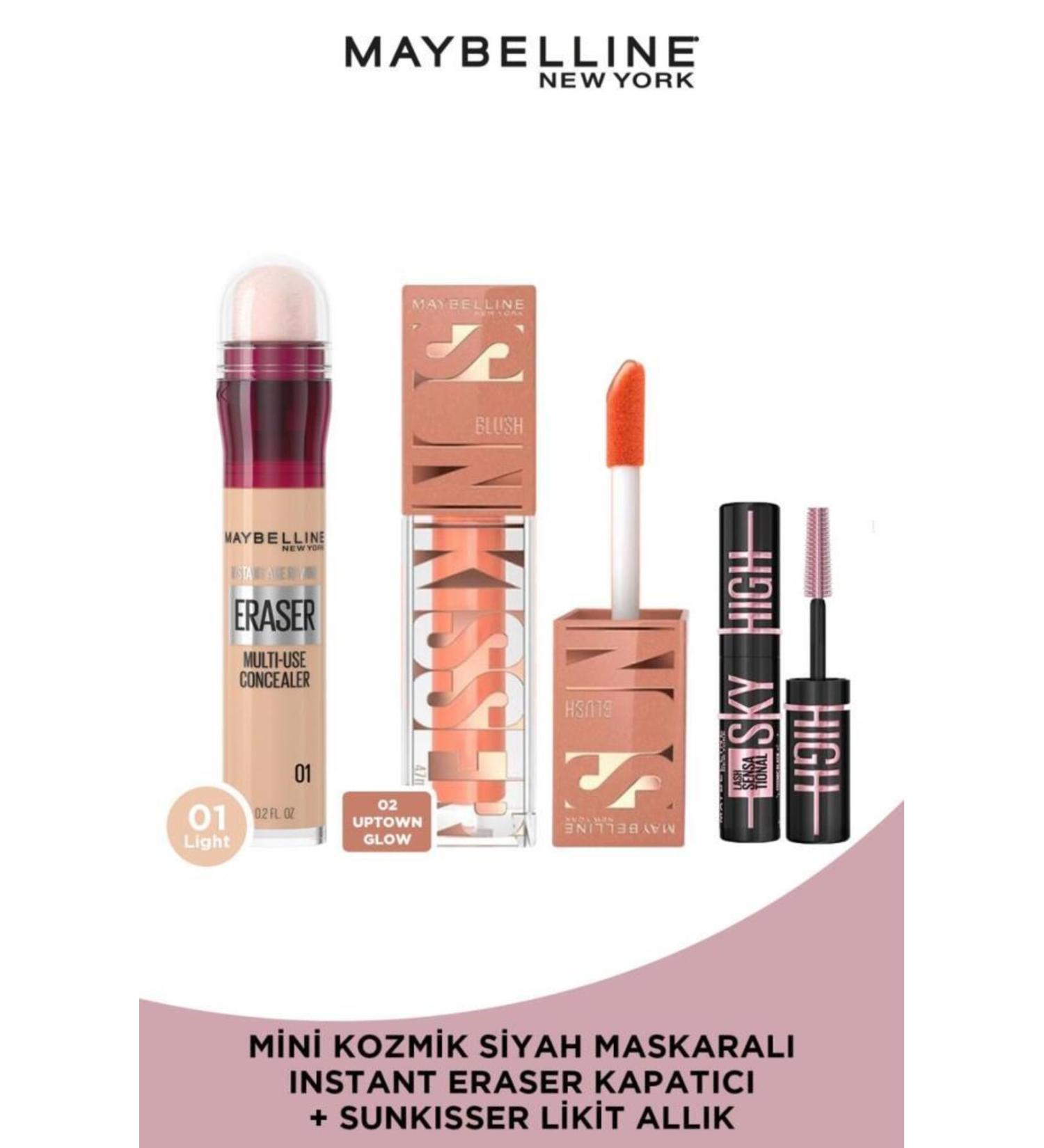 Maybelline New York Instant Anti Age Eraser Concealer 01 & Sunkisser Shimmering Liquid Blush 02 Uptown Glow & Mini Mascara - Buy Online on GoSupps.com