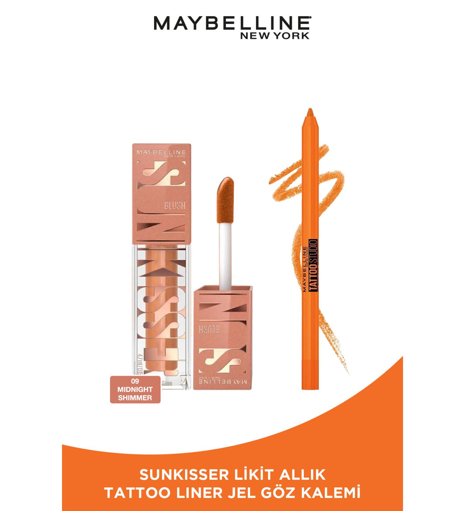 Maybelline New York Sunkisser Shimmer Liquid Blush 09 Midnight Shimmer & Tatoo Liner Gel Orange Flash Orange Eye Pencil - Buy Online on GoSupps.com