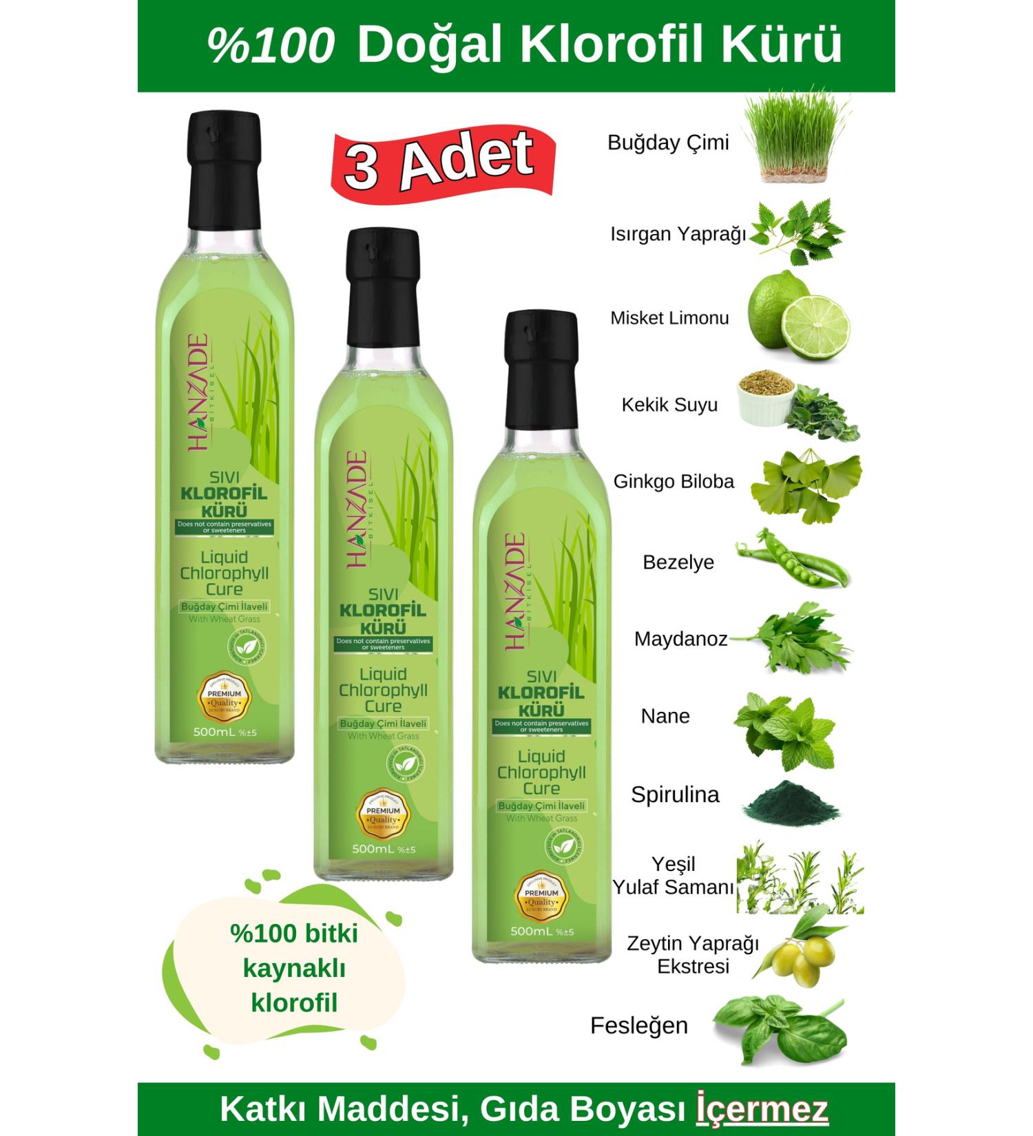 Hanzade Herbal Liquid Chlorophyll Cure Wheat Grass Added Plant Extracts 500 ML x 3 Glass Bottles - Buy Online on GoSupps.com