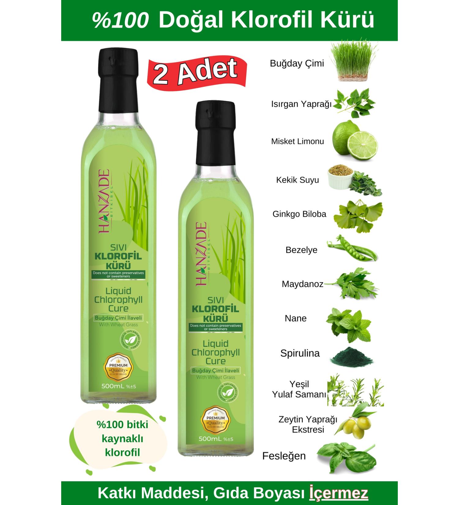 Hanzade Herbal Liquid Chlorophyll Cure Wheat Grass Added Plant Extracts 500 ML x 2 Glass Bottles - Buy Online on GoSupps.com