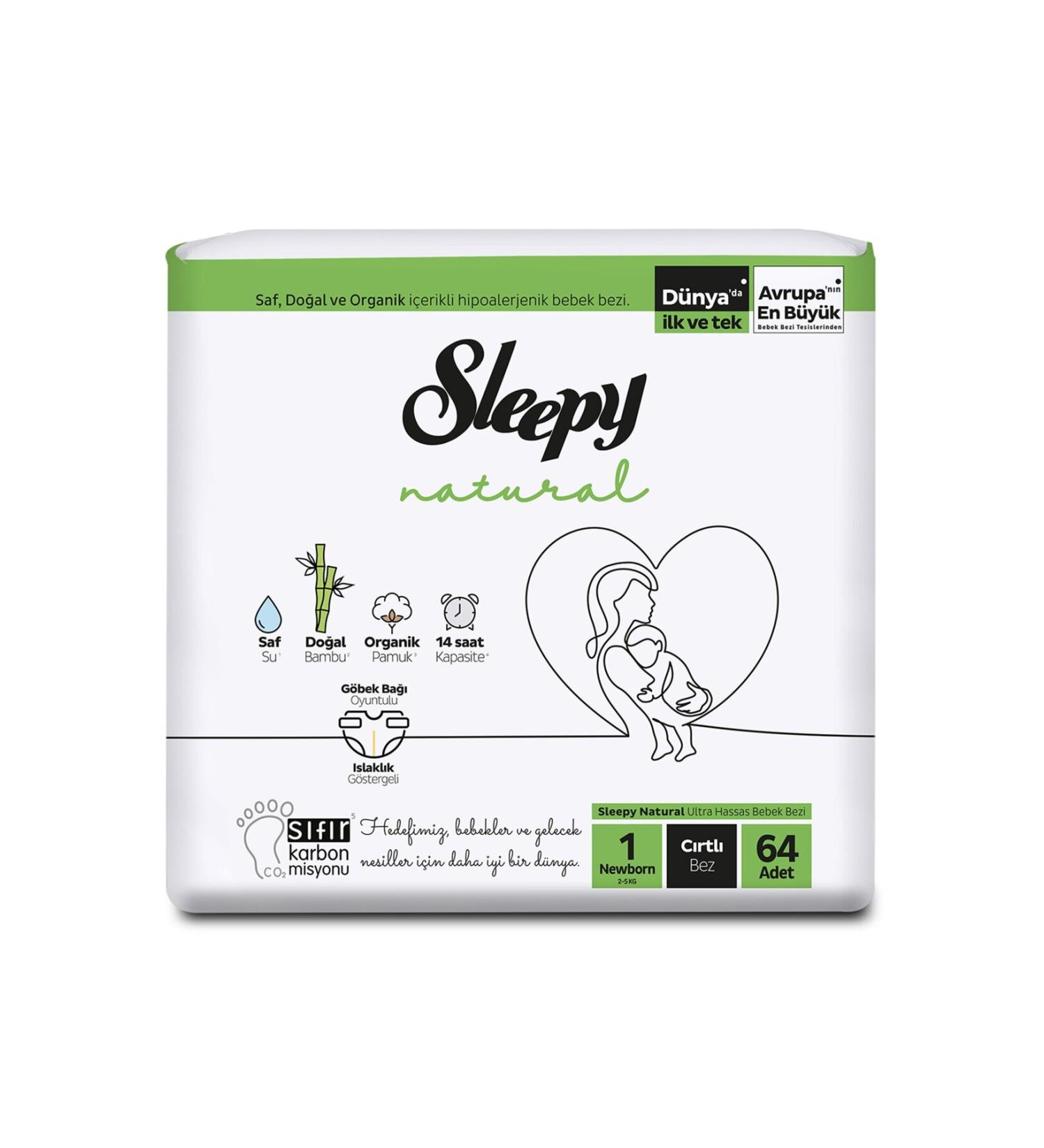 Sleepy Natural Jumbo Pack 1 Size Newborn 2-5 Kg 64 Pieces
