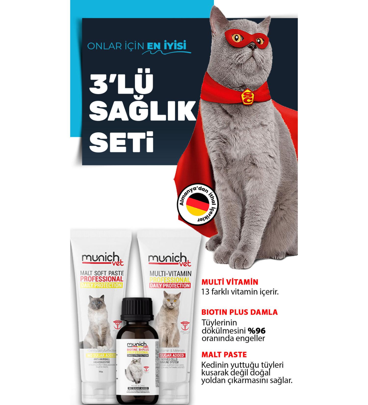 Munich Vet 3-Piece Cat Set Fur Health Drops (100ML) Malt Paste (100GR) Multi Vitamin Paste (100GR) - Buy Online on GoSupps.com