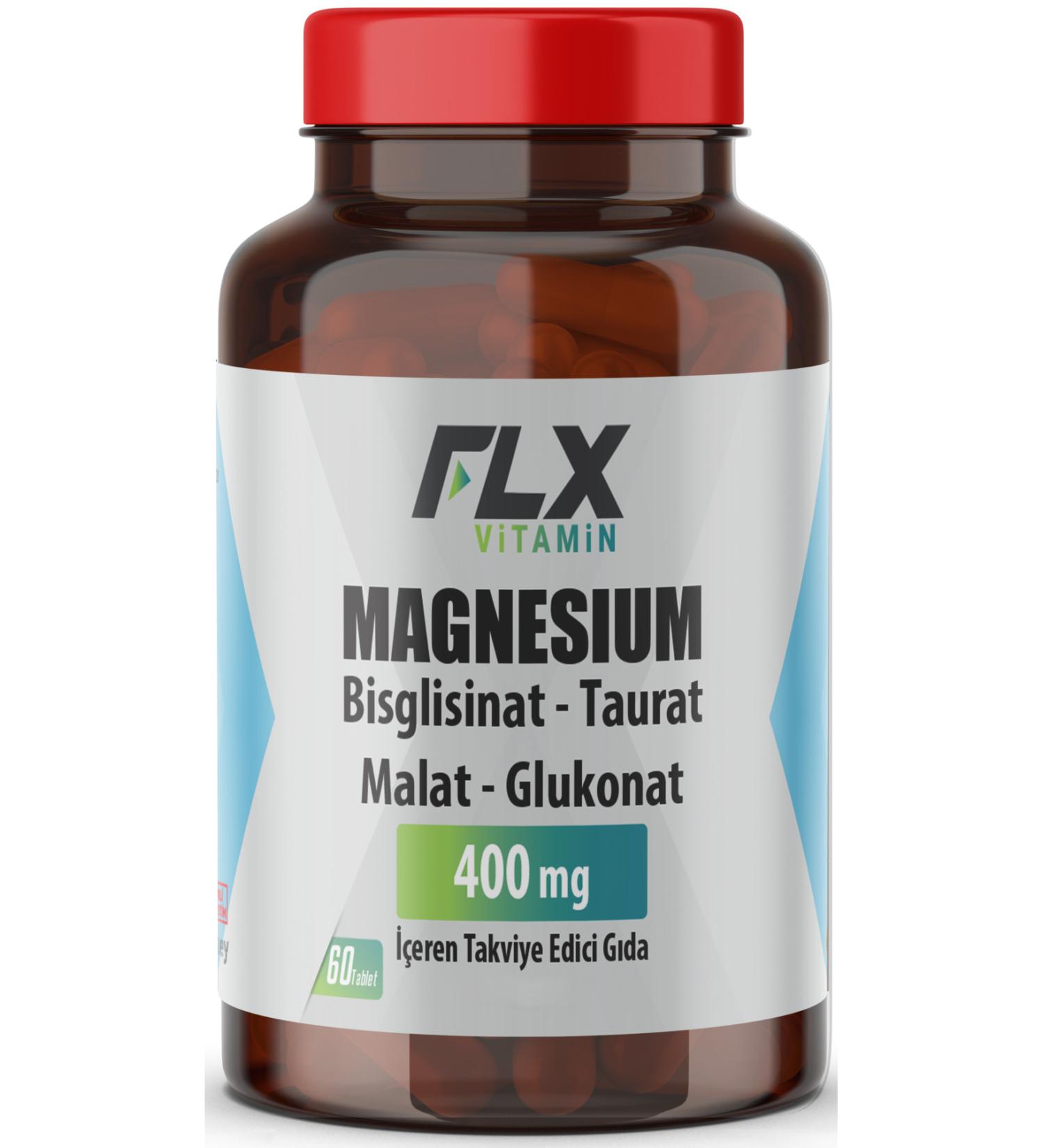 FLX 60 Tablets Magnesium Bisglycinate Malate Taurate Gluconate Magnesium Elements 400 Mg