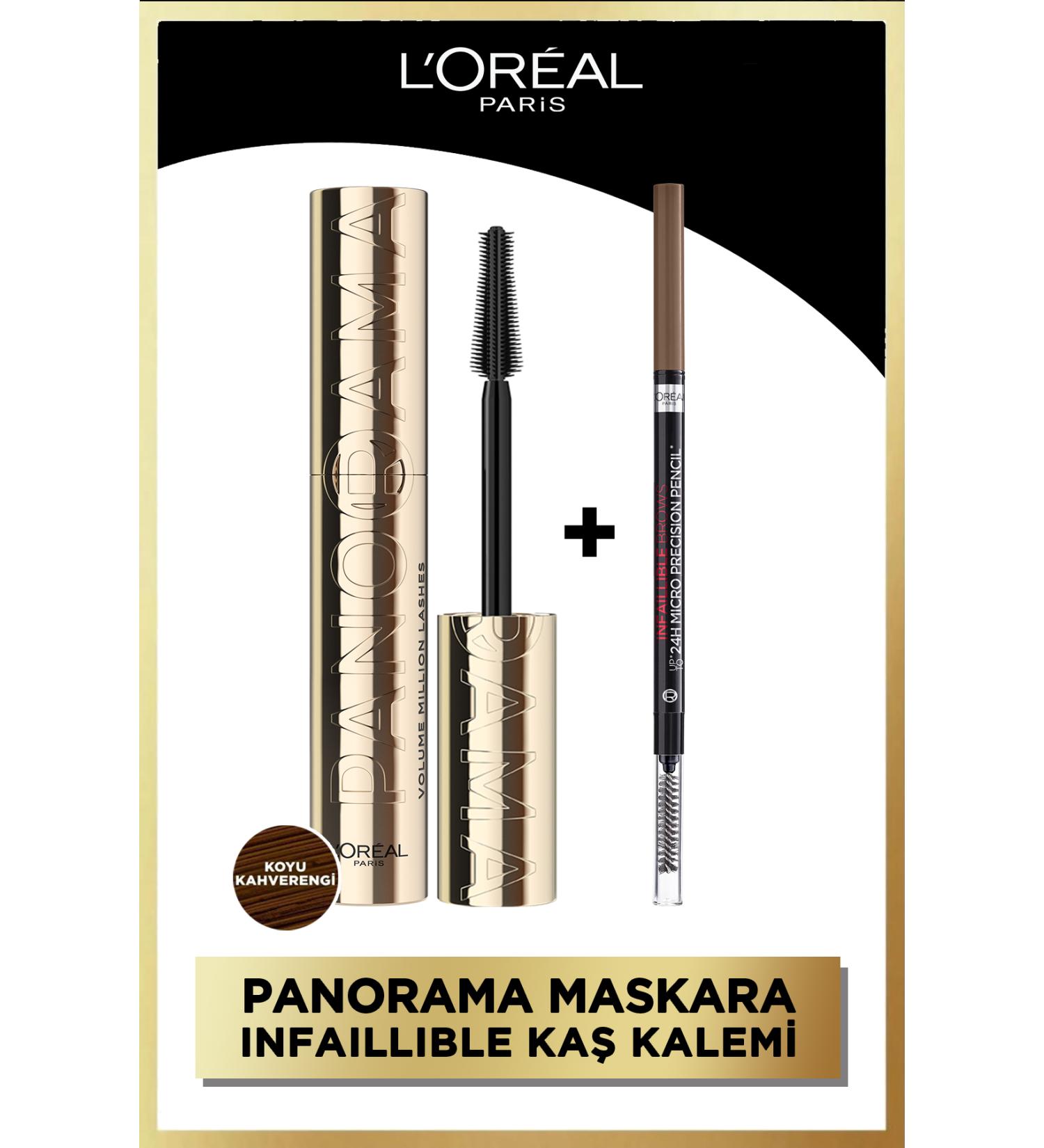 L'Oreal Paris Panorama Volumizing Mascara Dark Brown + Infaillible 24H Micro Precision Eyebrow Pencil - Brunette