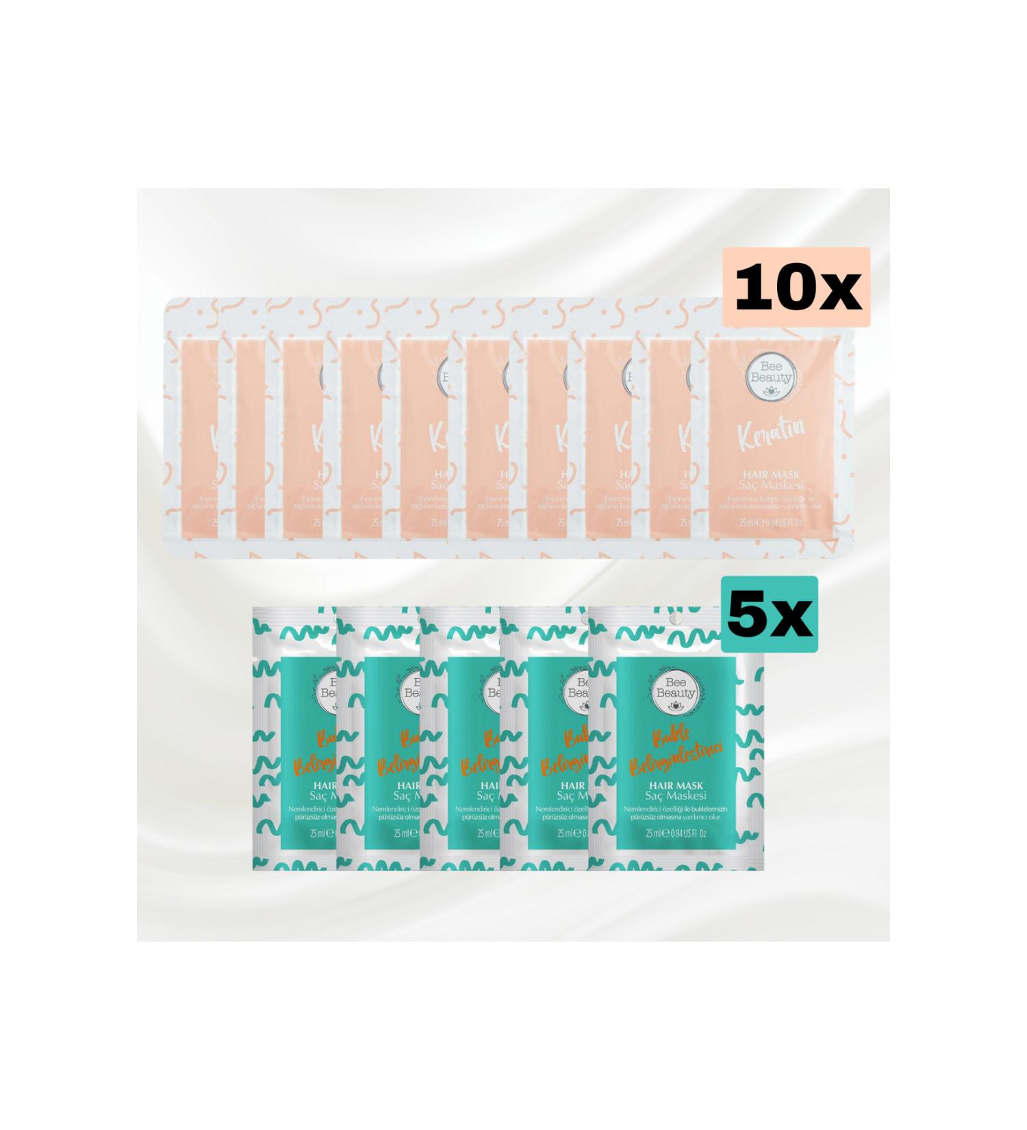 Bee Beauty Keratin Hair Mask 25 ml x 10 Pieces - Curl Defining Hair Mask 25 ml x 5 Pieces