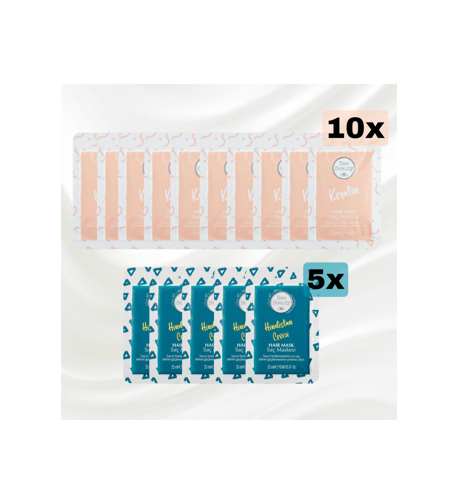 Bee Beauty Keratin Hair Mask 25 ml x 10 Pieces - Coconut Hair Mask 25 ml x 5 Pieces