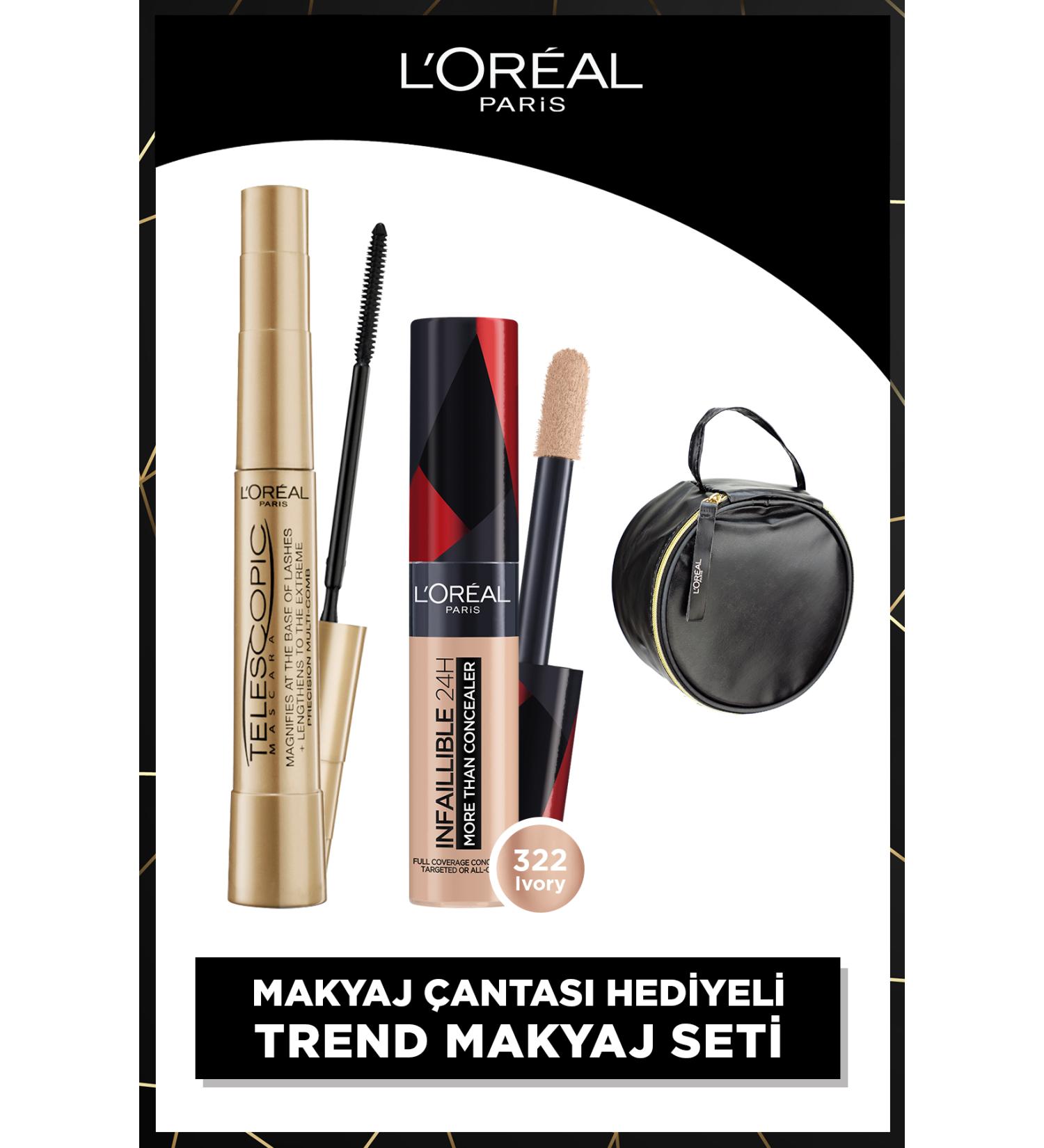 L'Oreal Paris Telescopic Gold Black Mascara + Infaillible All Face Concealer 322 Ivory + Black Bag
