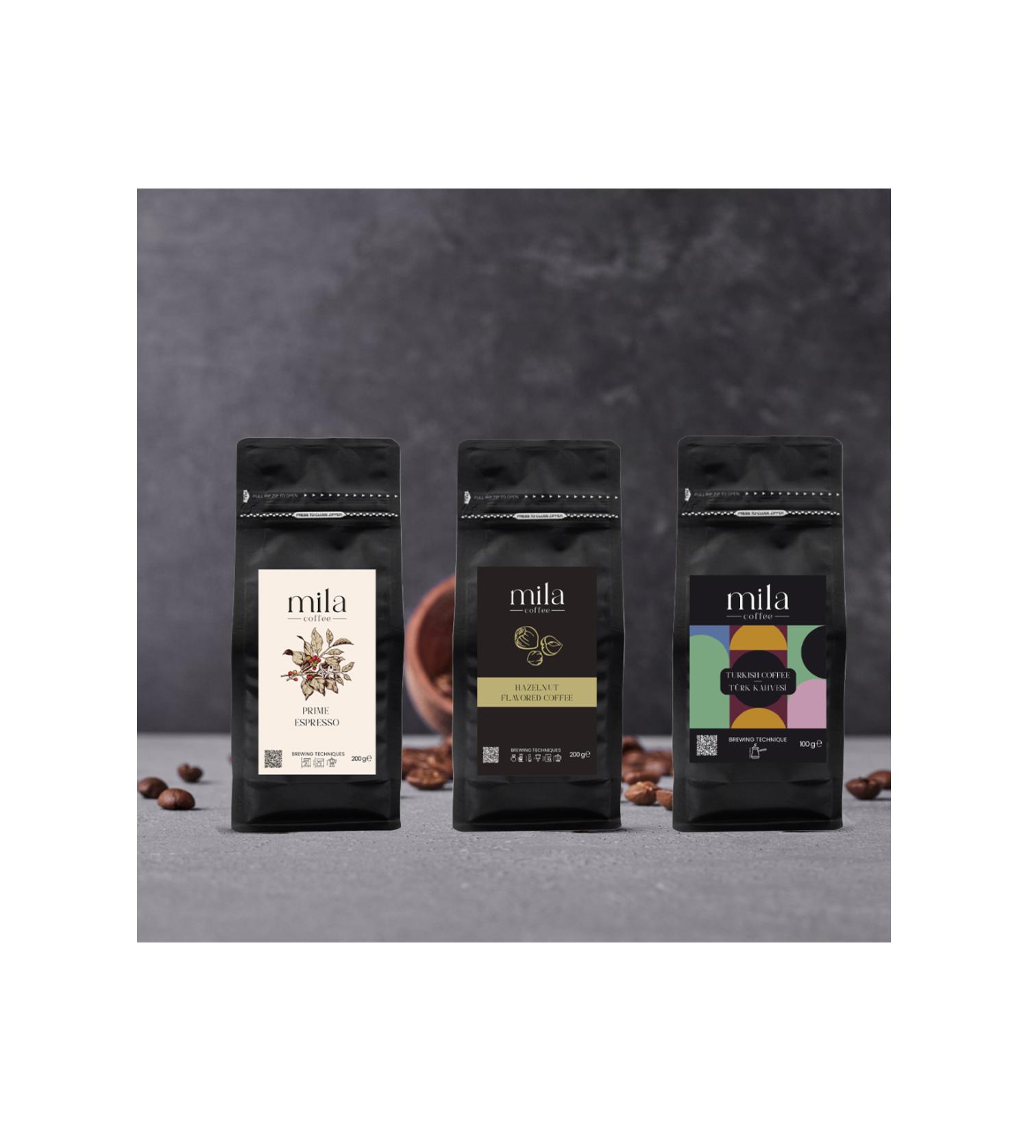 Mila Coffee 100g Ground Turkish Coffee & 200g Hazelnut Flavored Filter Coffee & 200g Prime Espresso Bean Package
