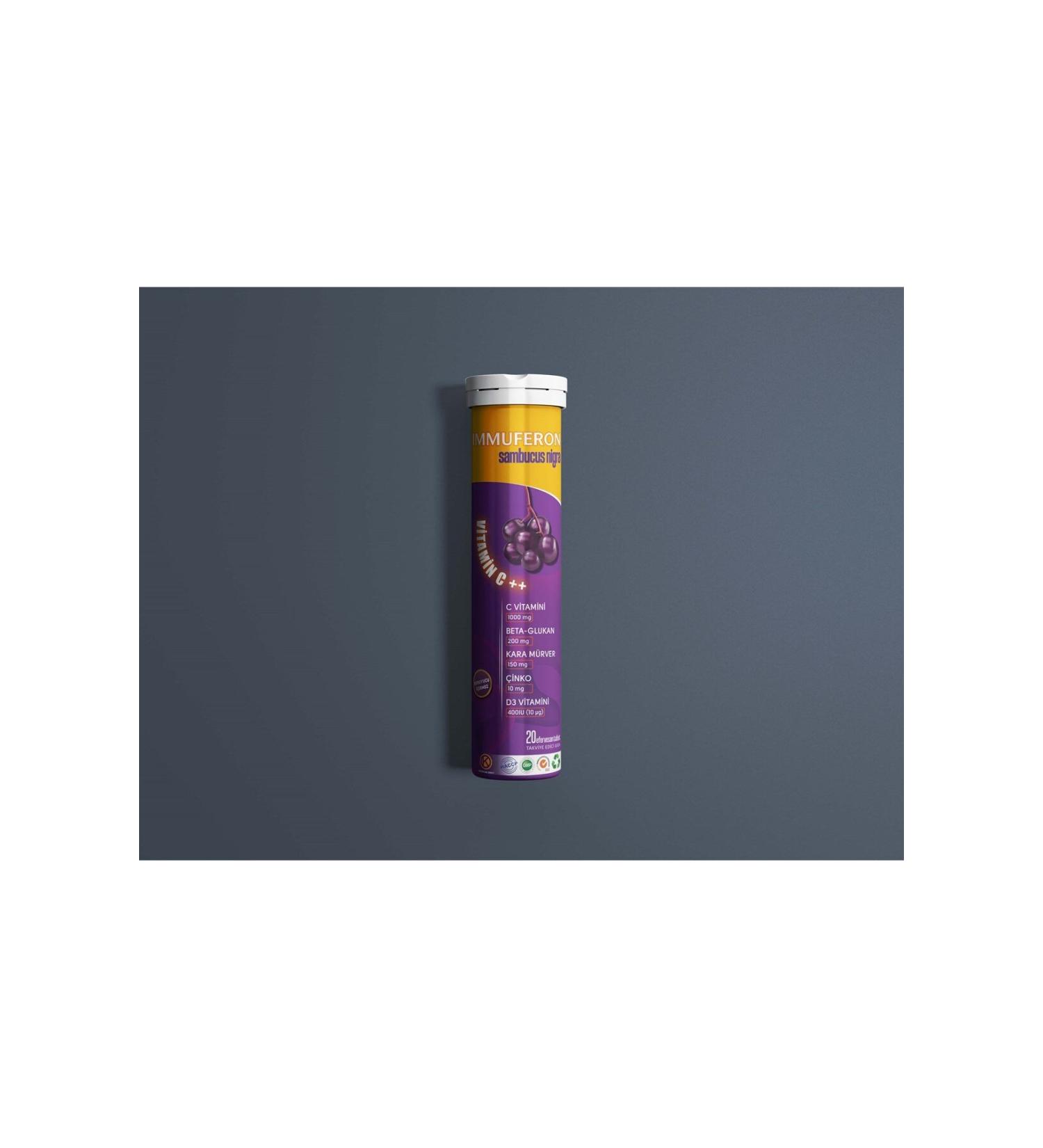 Immuferon Sambucus Nigra Vitamin C Beta Glucan Zinc Vitamin D3 20 Effervescent Tablets