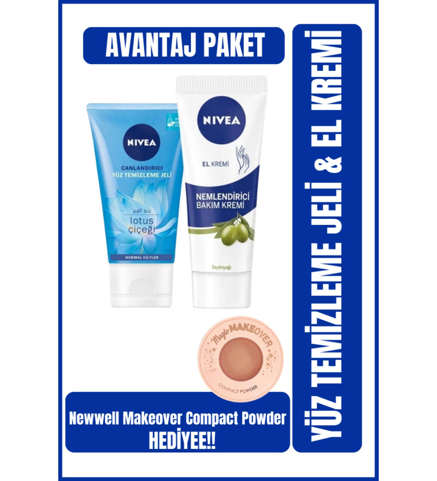NIVEA Facial Cleansing Gel 150 ml Hand Cream 100 ml Makeover Compact Powder Gift