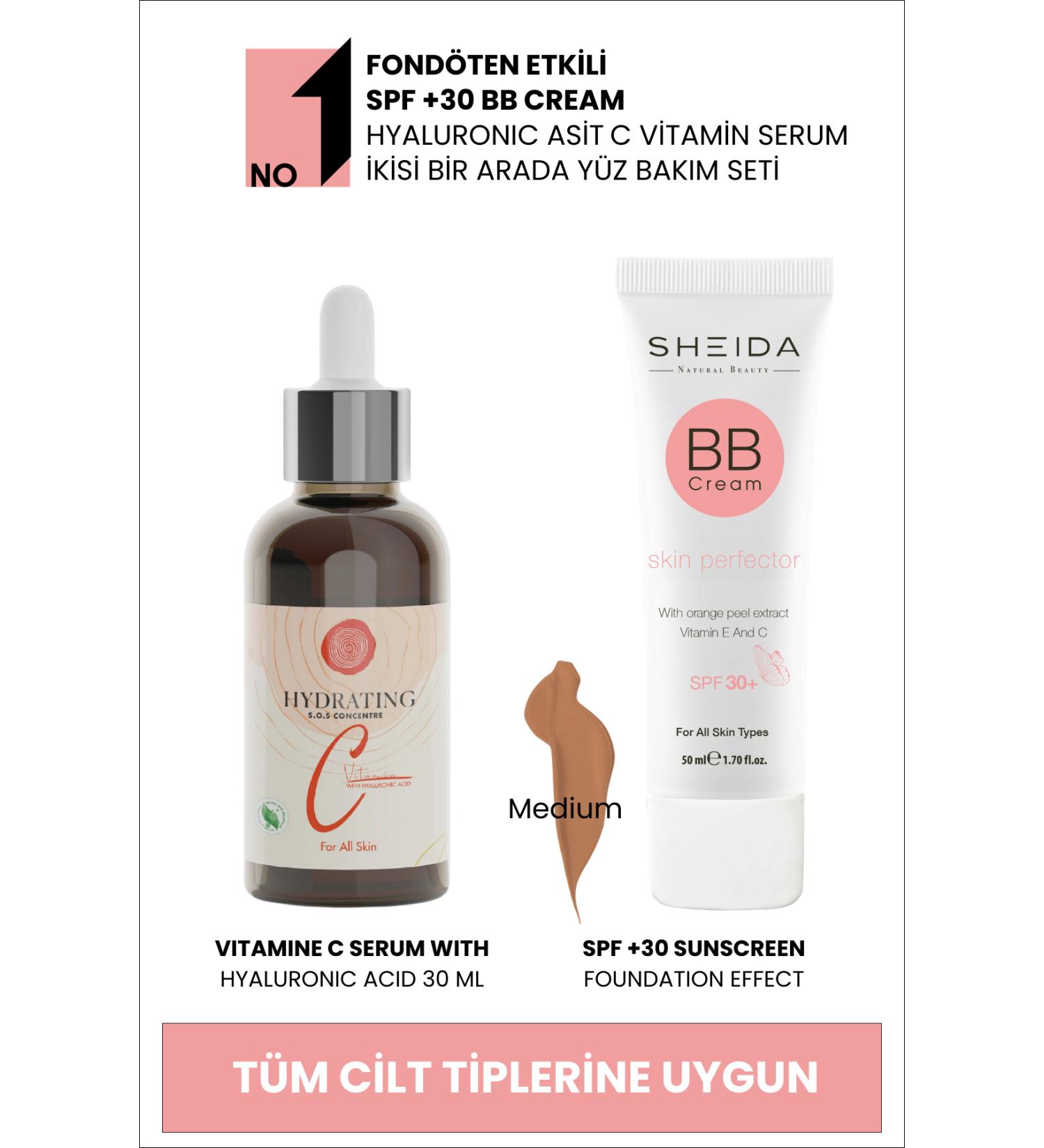 Sheida BB Cream High Coverage and Hyaluronic Acid Vitamin C Concentrate Serum Care Set