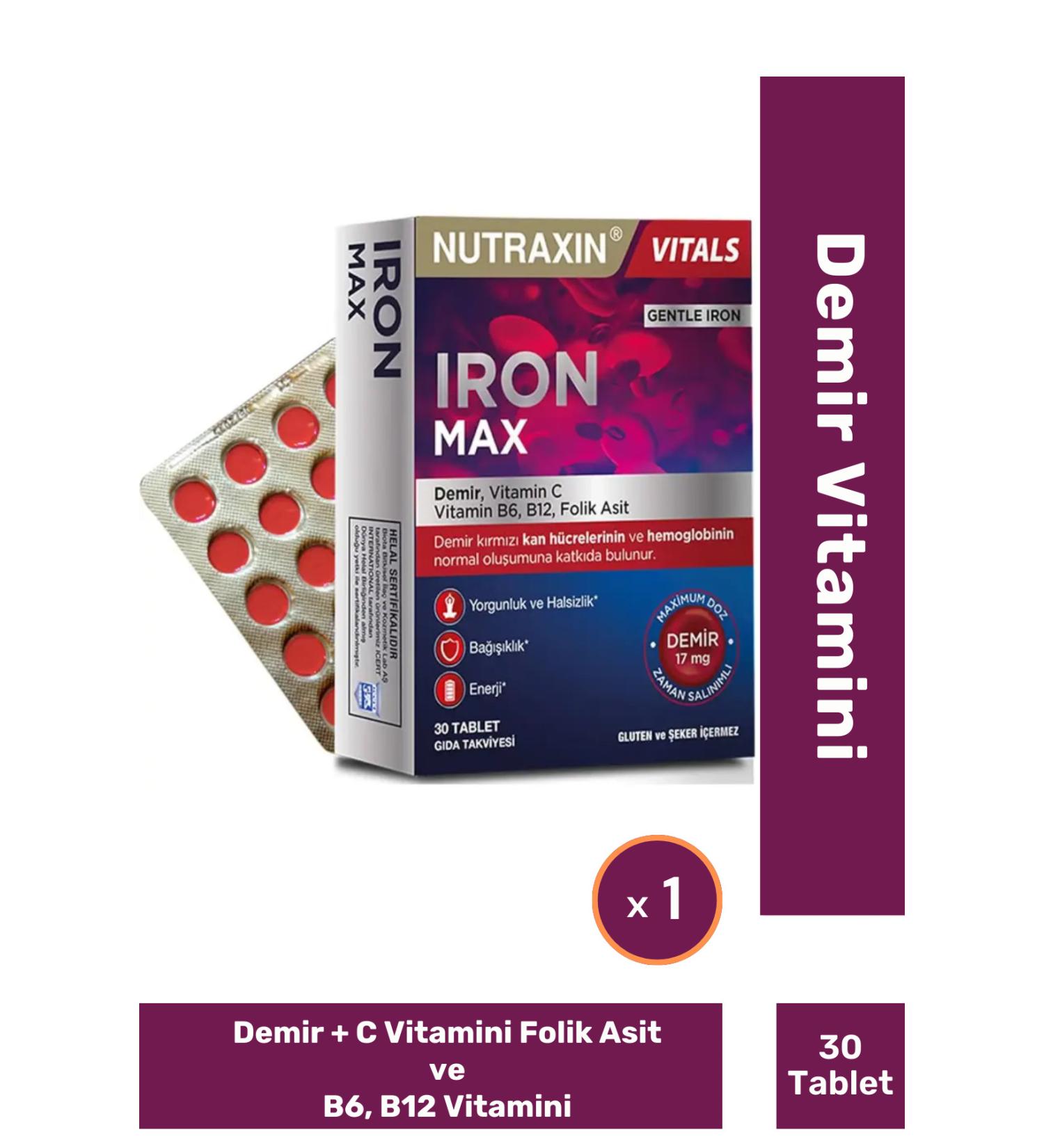 Nutraxin Iron Max 17 Mg 30 Tablets - Iron Vitamin C Vitamin B6 Folic Acid B12