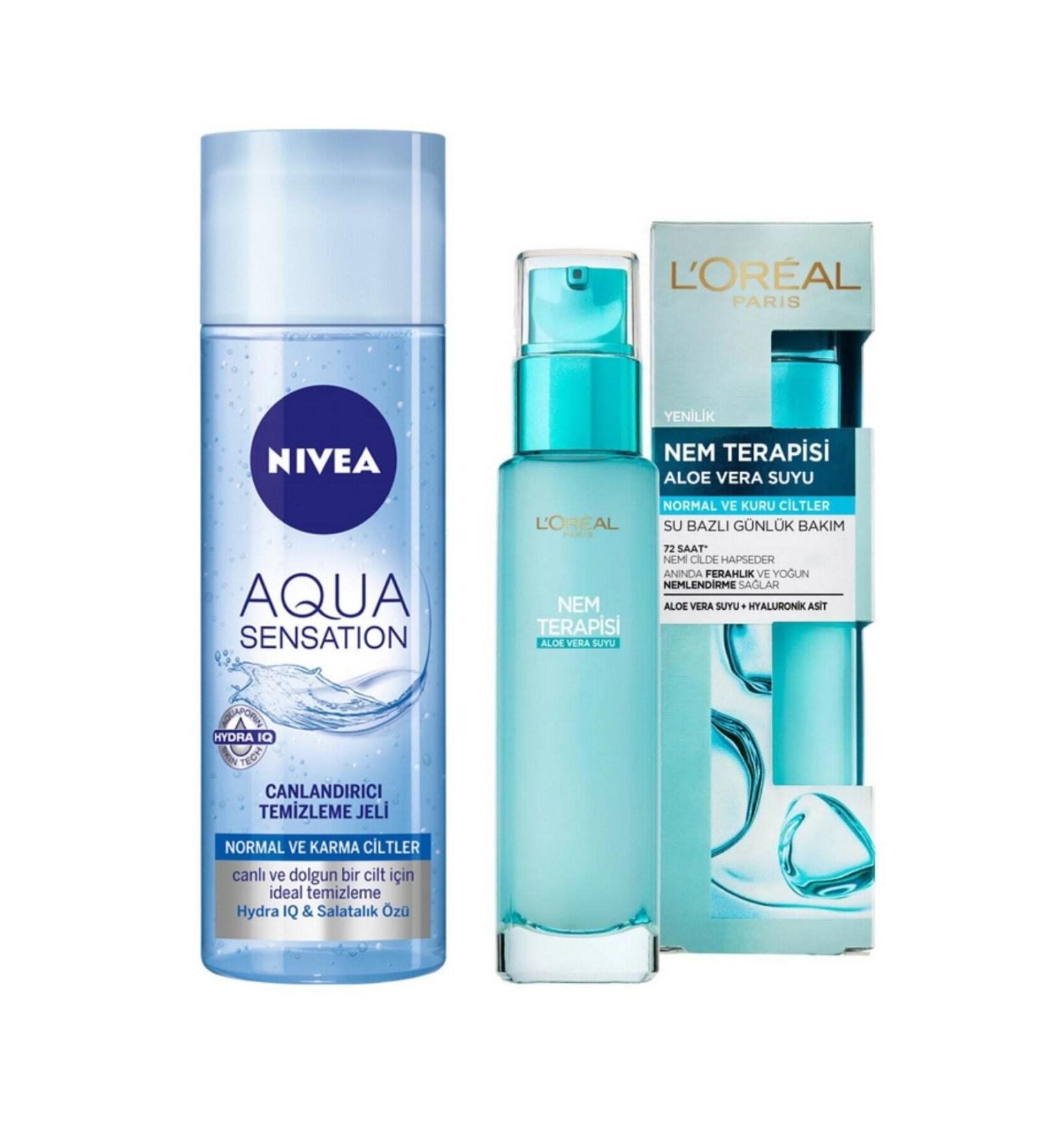 NIVEA Aqua Sensation Refreshing Cleansing Gel and Loreal Moisture Therapy Aloe Vera Juice Normal-Dry Skin