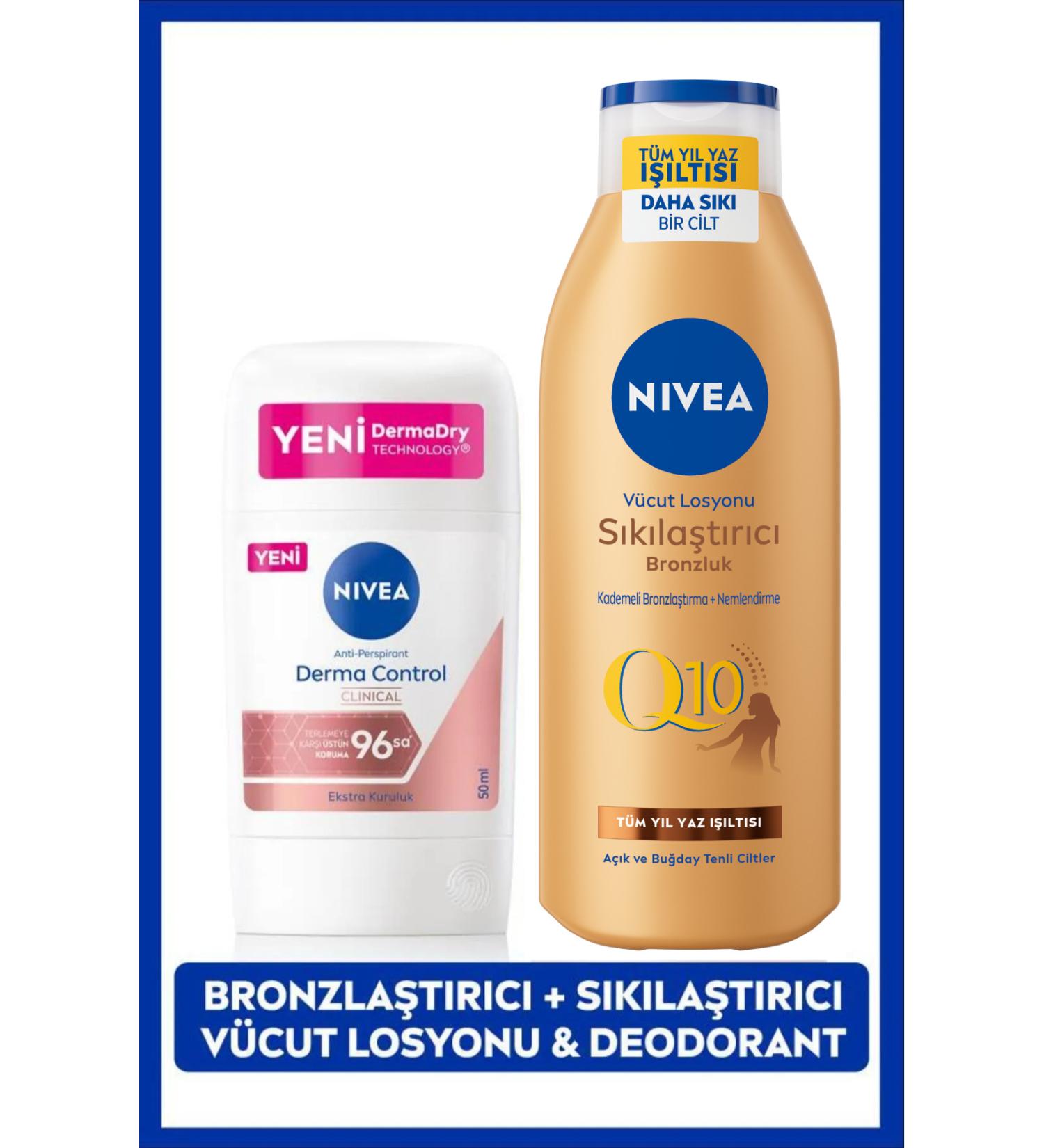 NIVEA Q10 Firming Tan Body Lotion 200ml and Women's Stick Deodorant Derma Control Clinical 50ml - Buy Online on GoSupps.com