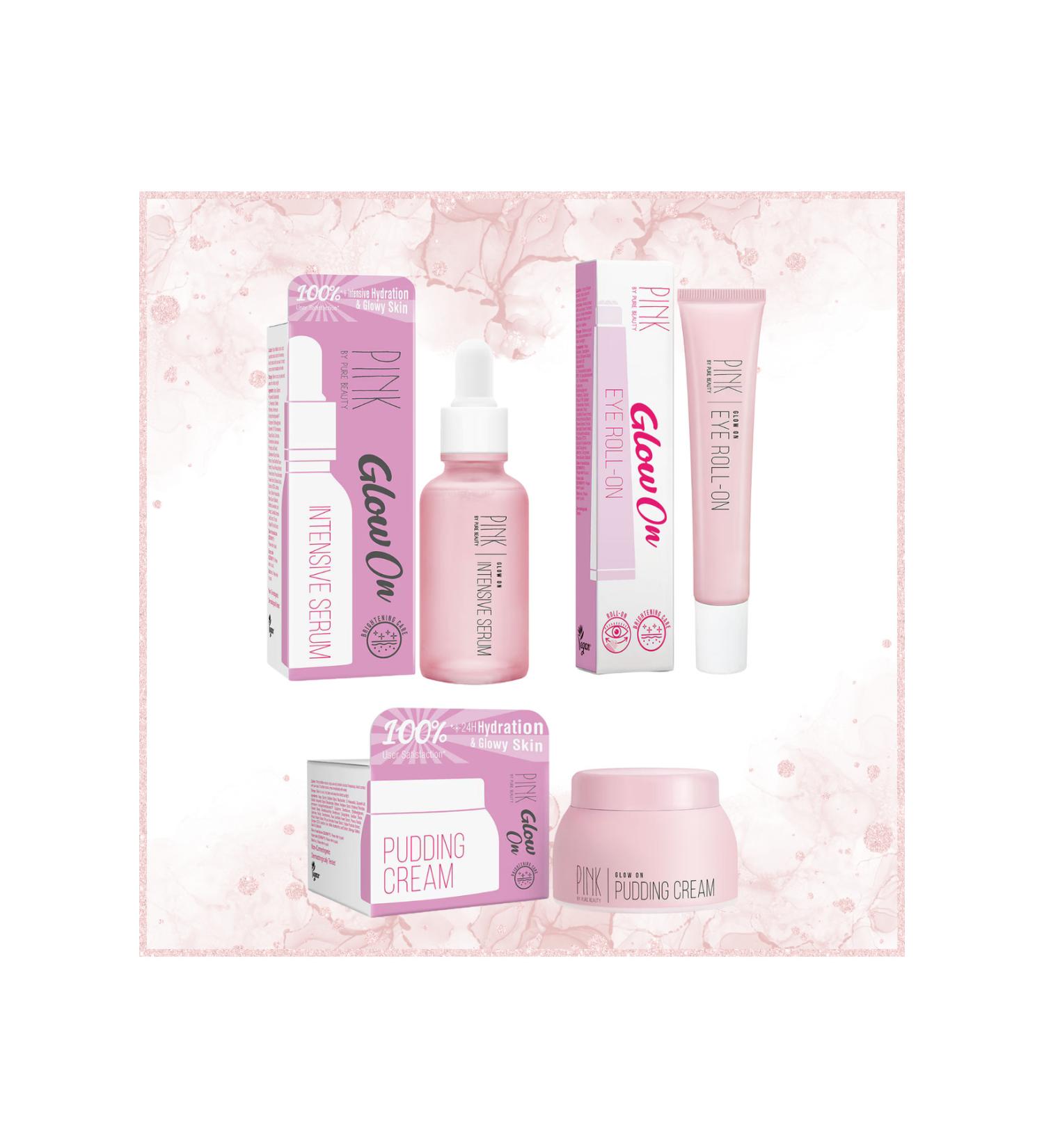 PURE BEAUTY Glow On Pudding Cream 50 ml - Eye Contour Roll On 15 ml - Glow On Intensive Serum 30 ml Set of 3