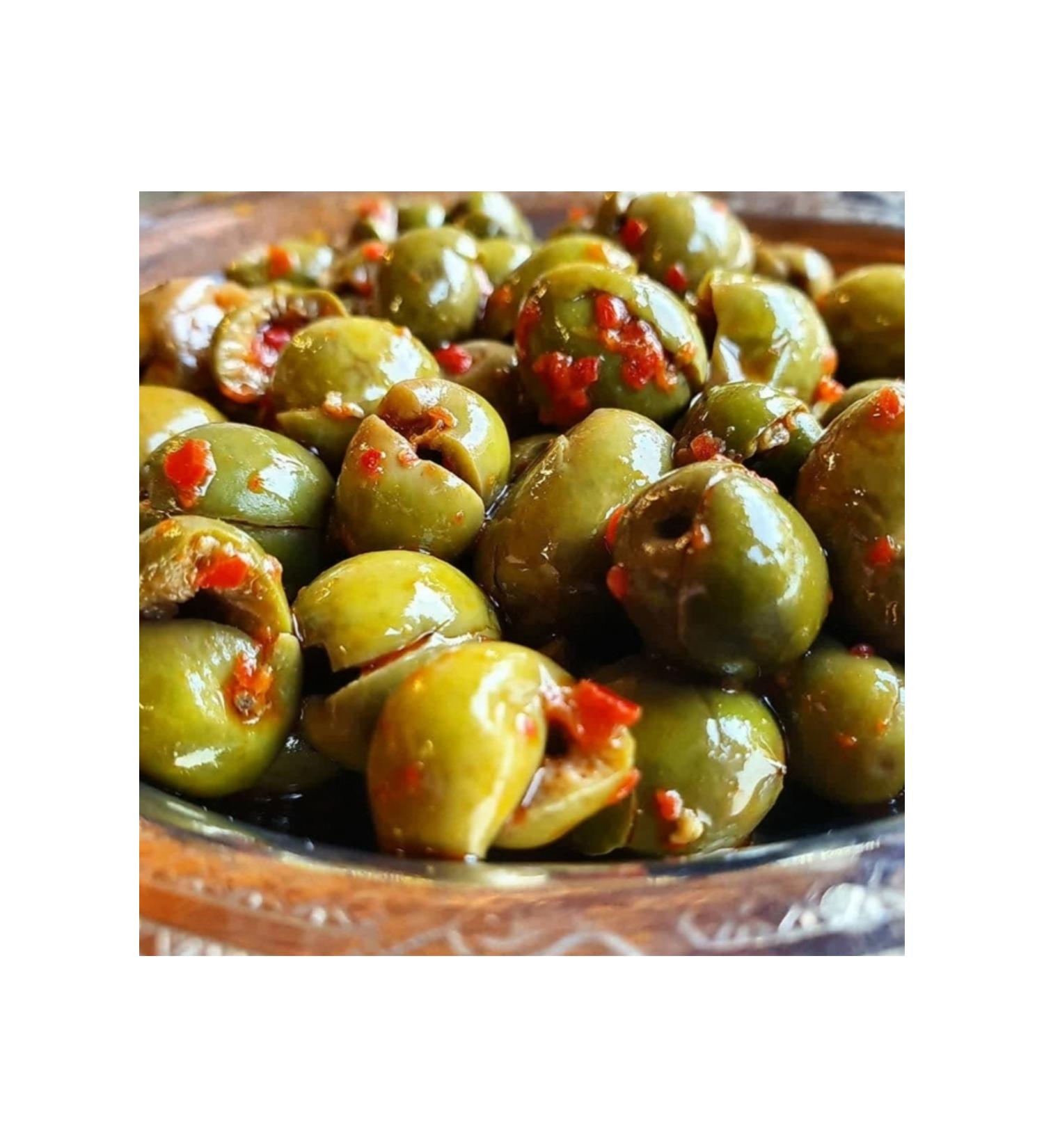 bakkal hasan Green Olive Antep Pitted Sweetened Stone Crushed 1 kg - Bakkal Hasan