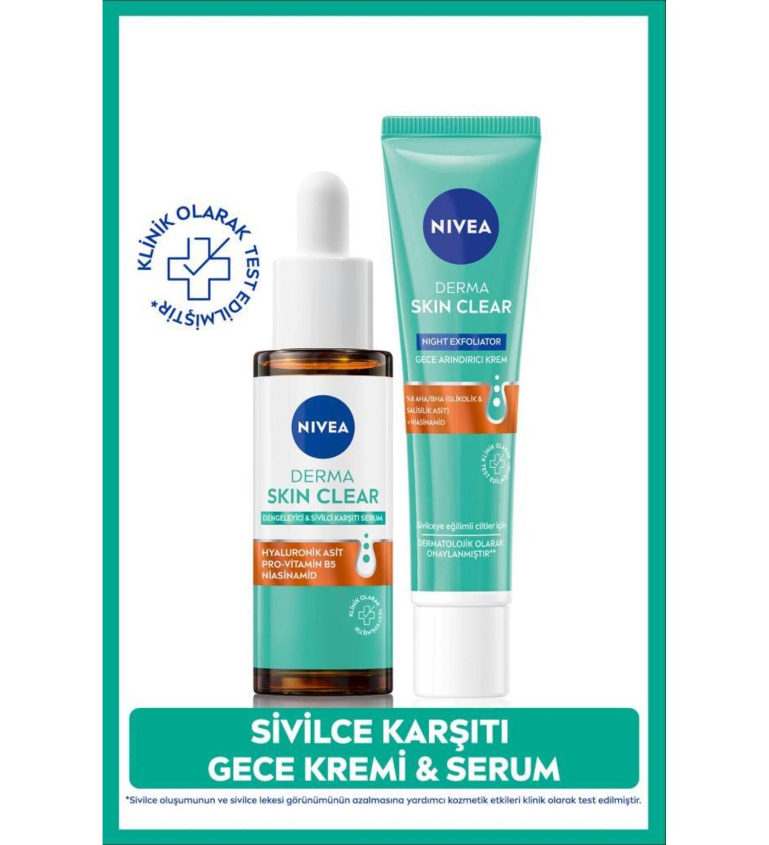 NIVEA Derma Skin Clear Balancing and Anti-Acne Serum 30ml and Night Purifying Cream 40ml Niacinamide