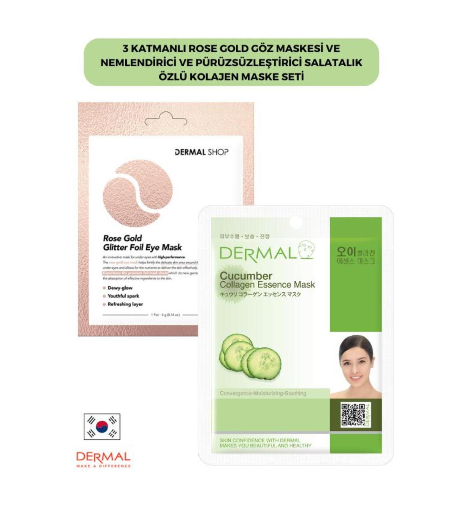 Dermal 3 Layer Rose Gold Eye Mask and Moisturizing and Smoothing Cucumber Collagen Mask S