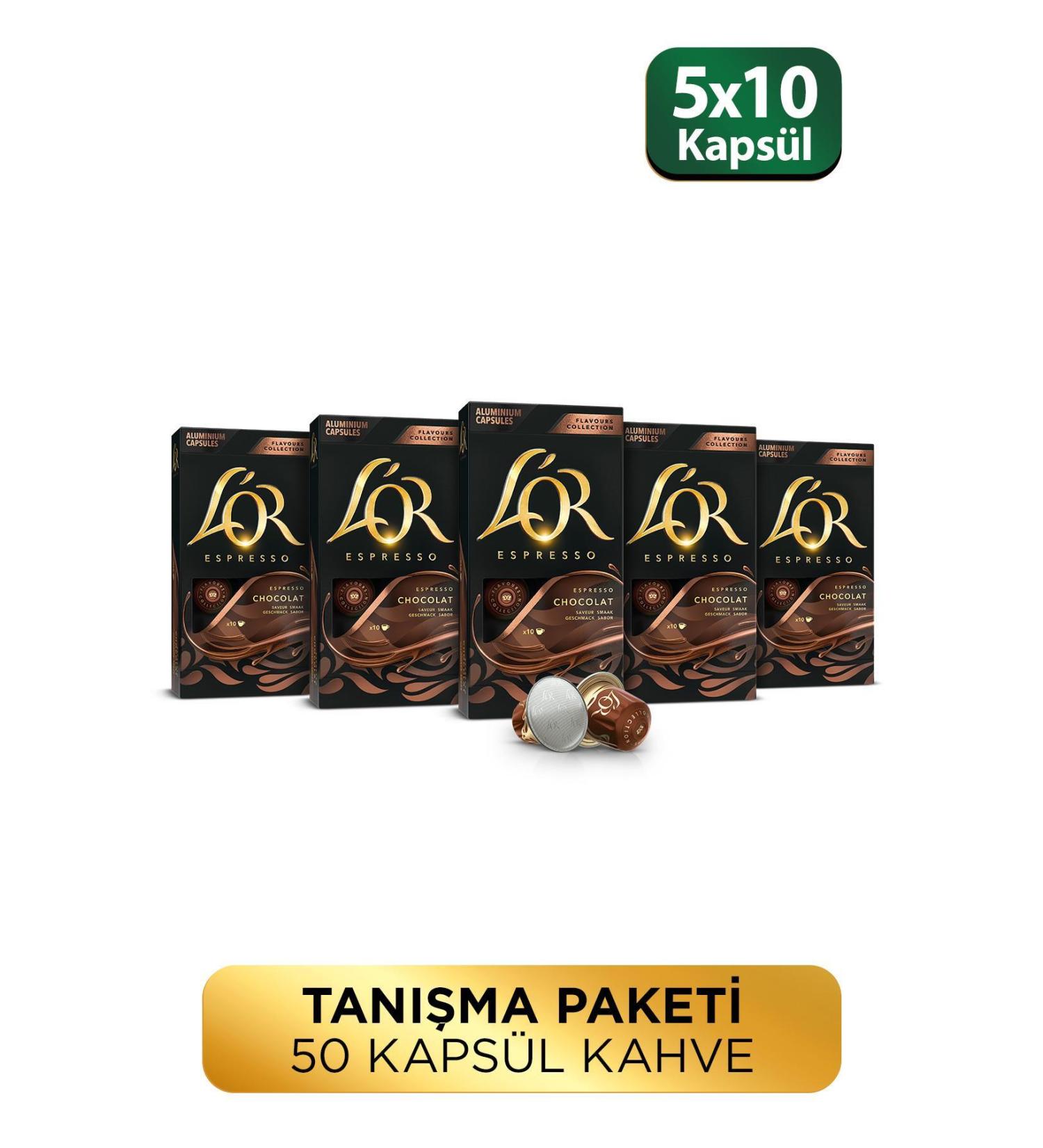 L'OR Chocolate Flavored Nespresso Compatible Aluminum Coffee Capsules 10 x 5