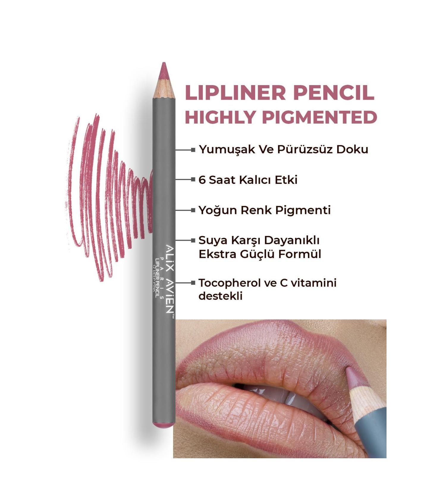 Alix Avien Lip Liner Lipliner Pencil 12 Deep Pink - Non-smudge Lasting Effect Up to 6 Hours