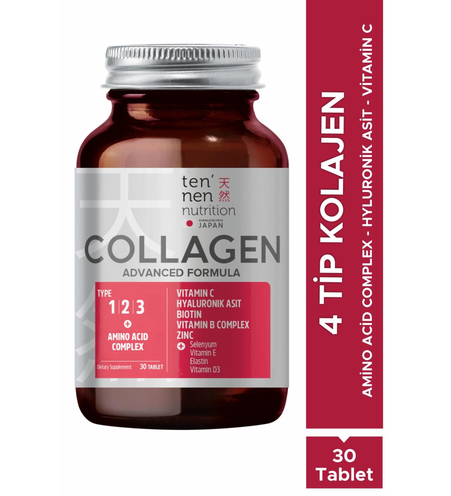 Tennen Nutrition 4 Types Collagen Type 1 Type 2 Type 3 Type 5 Vitamin C Zinc Coenzyme Q10 Selenium B12 30 Tablets - Buy Online on GoSupps.com
