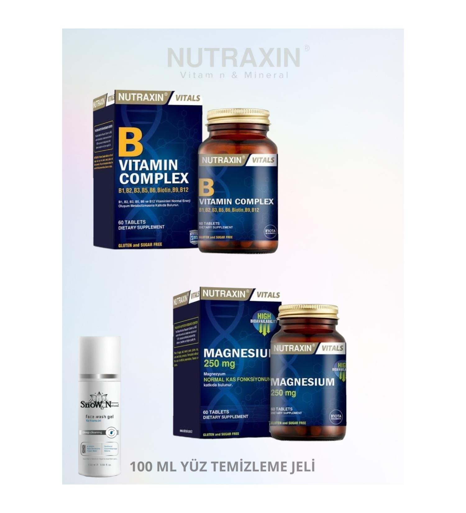 Nutraxin B Complex Vitamin 60 Capsules & Magnesium 250 mg 60 Tablets + (1x100 ml Facial Cleansing Gel)