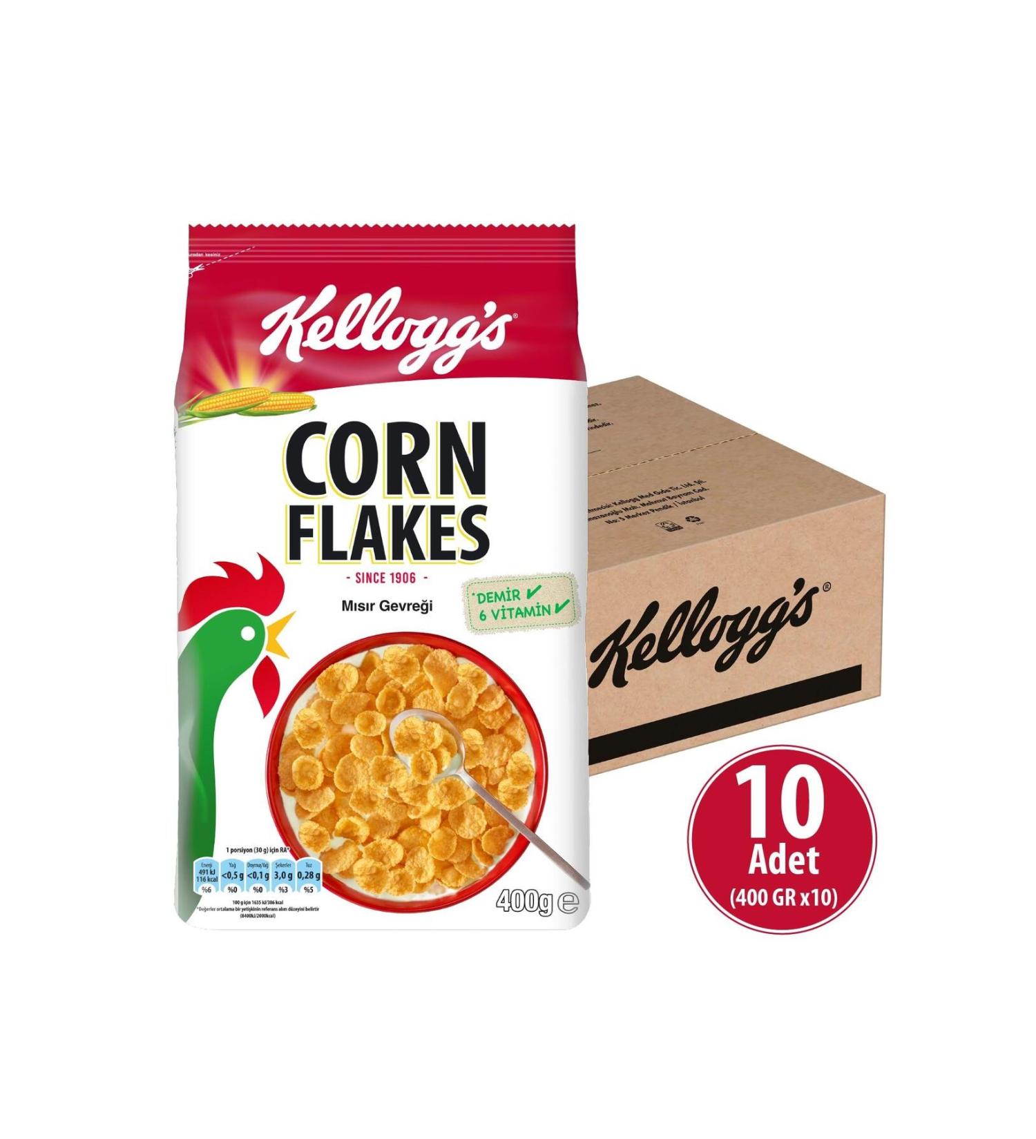 Kellogg's Corn Flakes Breakfast Cereal 400g x 10 Pieces Source of Fiber Contains Iron and 6 Vitamins - Buy Online on GoSupps.com