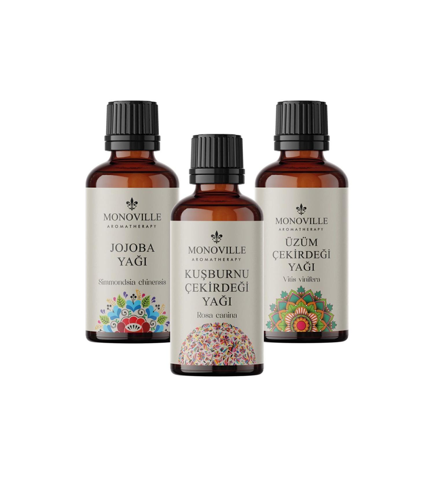 Monoville Rosehip Oil 30 ml Jojoba Oil 30 ml Grape Seed Oil 30 ml Set of 3 0 Pure and Natural 3x30 ml