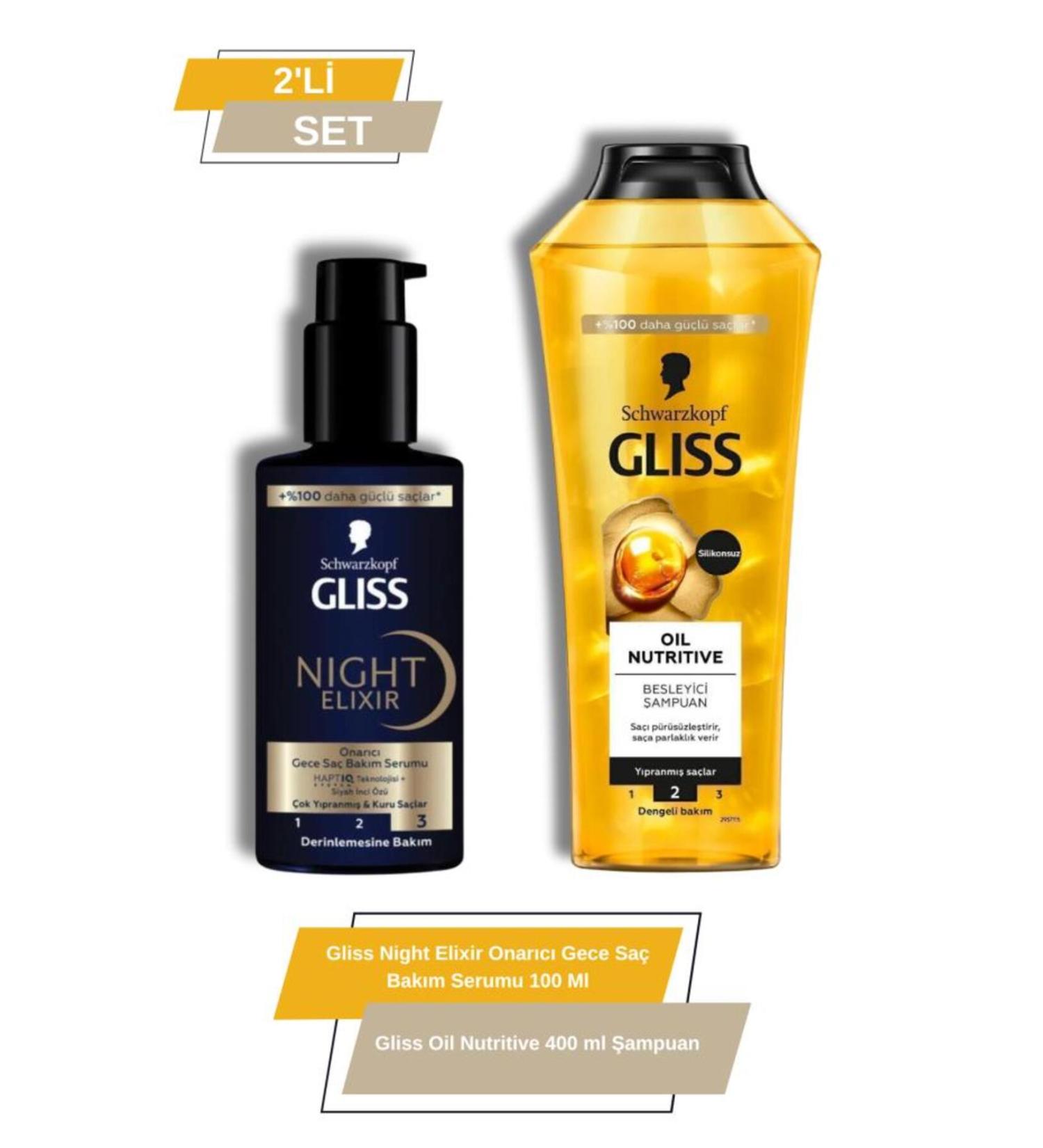 Gliss Night Elixir Repairing Night Hair Care Serum + Gliss Oil Nutritive 400 ml Shampoo