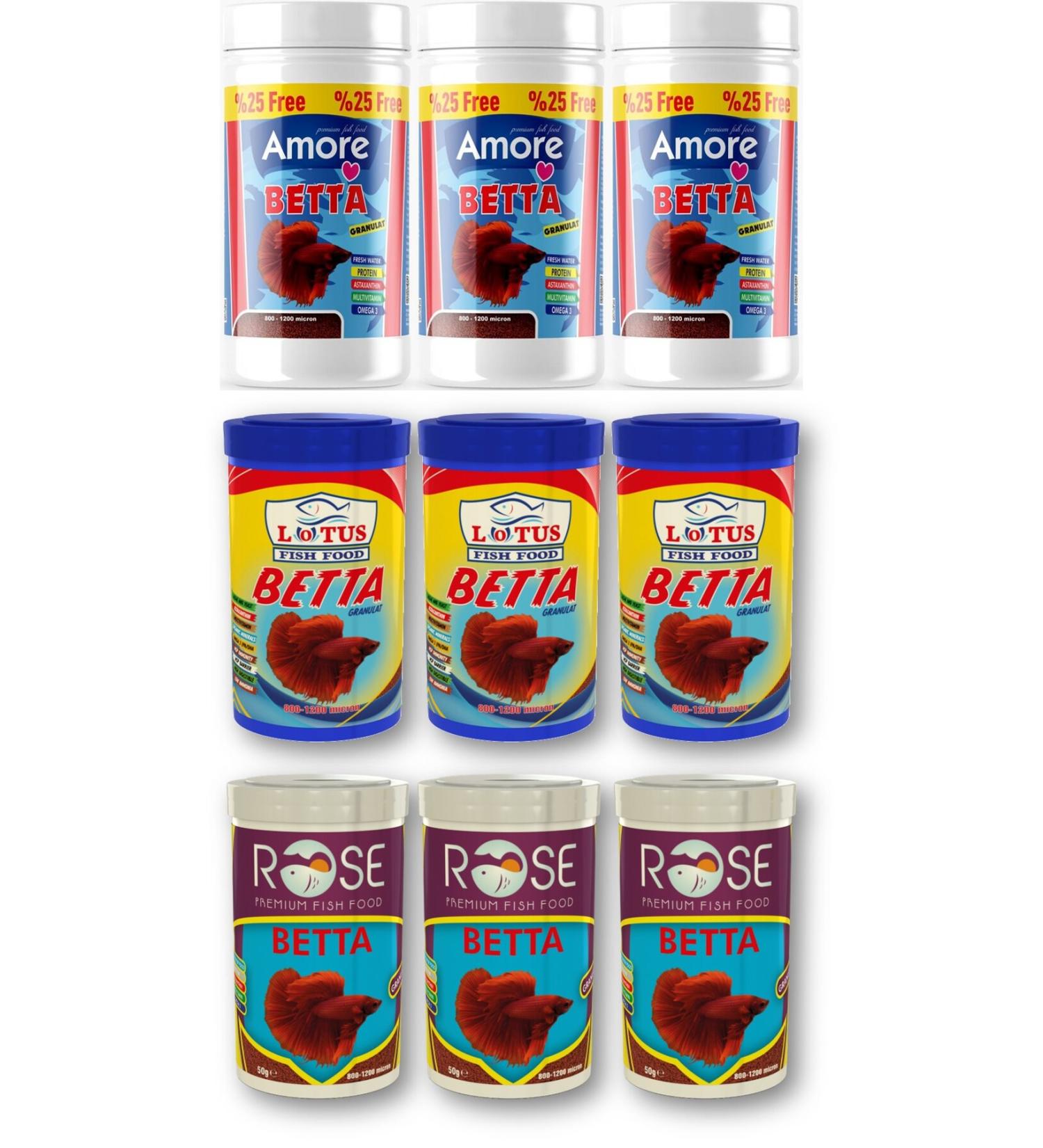 AMORE Betta Fish Food 3x125ML Rose 3x100ML Lotus 3x100ML Betta Granules Food Wholesale Fish Food