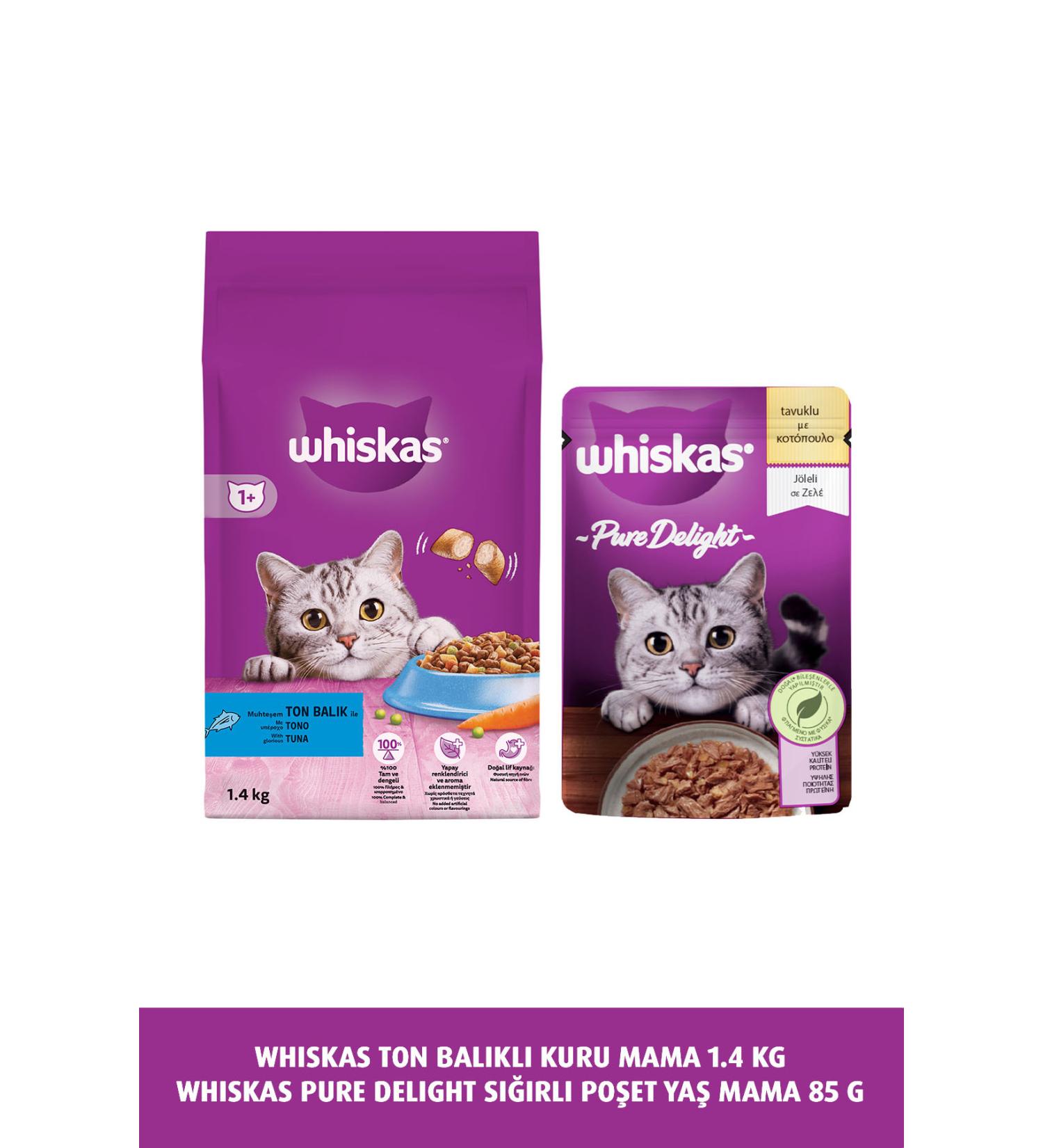 Whiskas Tuna Dry Food 1.4 kg & Pure Delight Chicken Bag Food 85 G - Buy Online on GoSupps.com