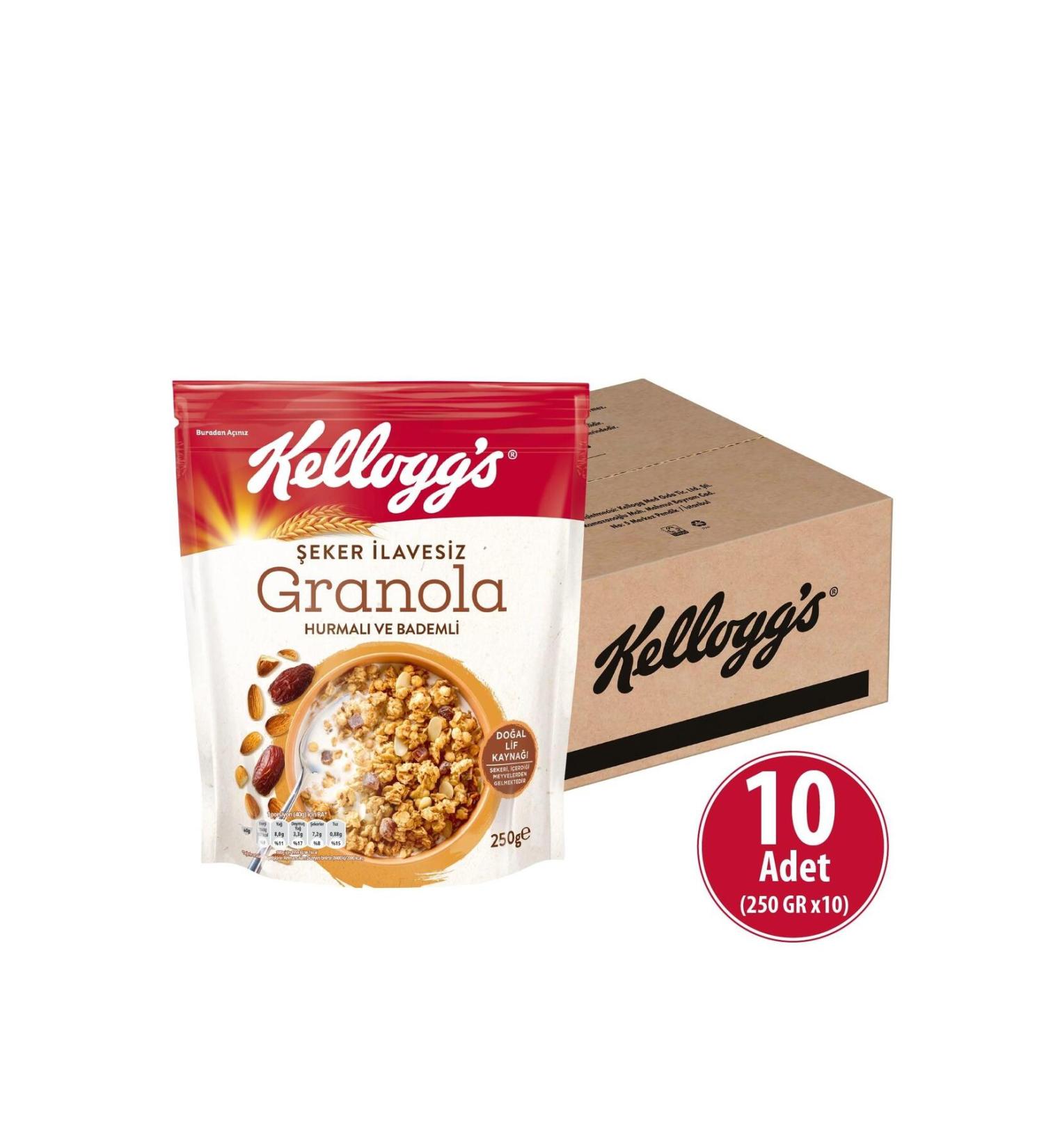 Kellogg's Sugar Free Granola with Dates and Almonds 250 gr x 10 Pieces Contains C Oats Fiber Source