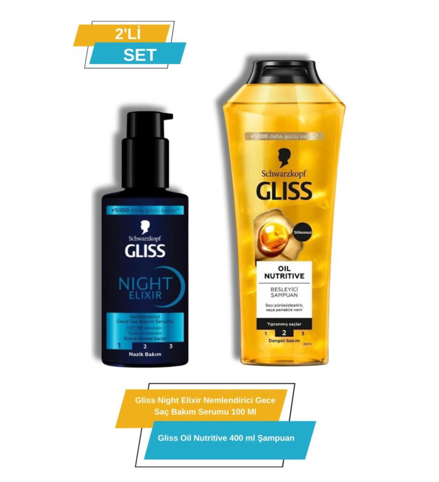 Gliss Night Elixir Moisturizing Night Hair Care Serum + Gliss Oil Nutritive 400 ml Shampoo