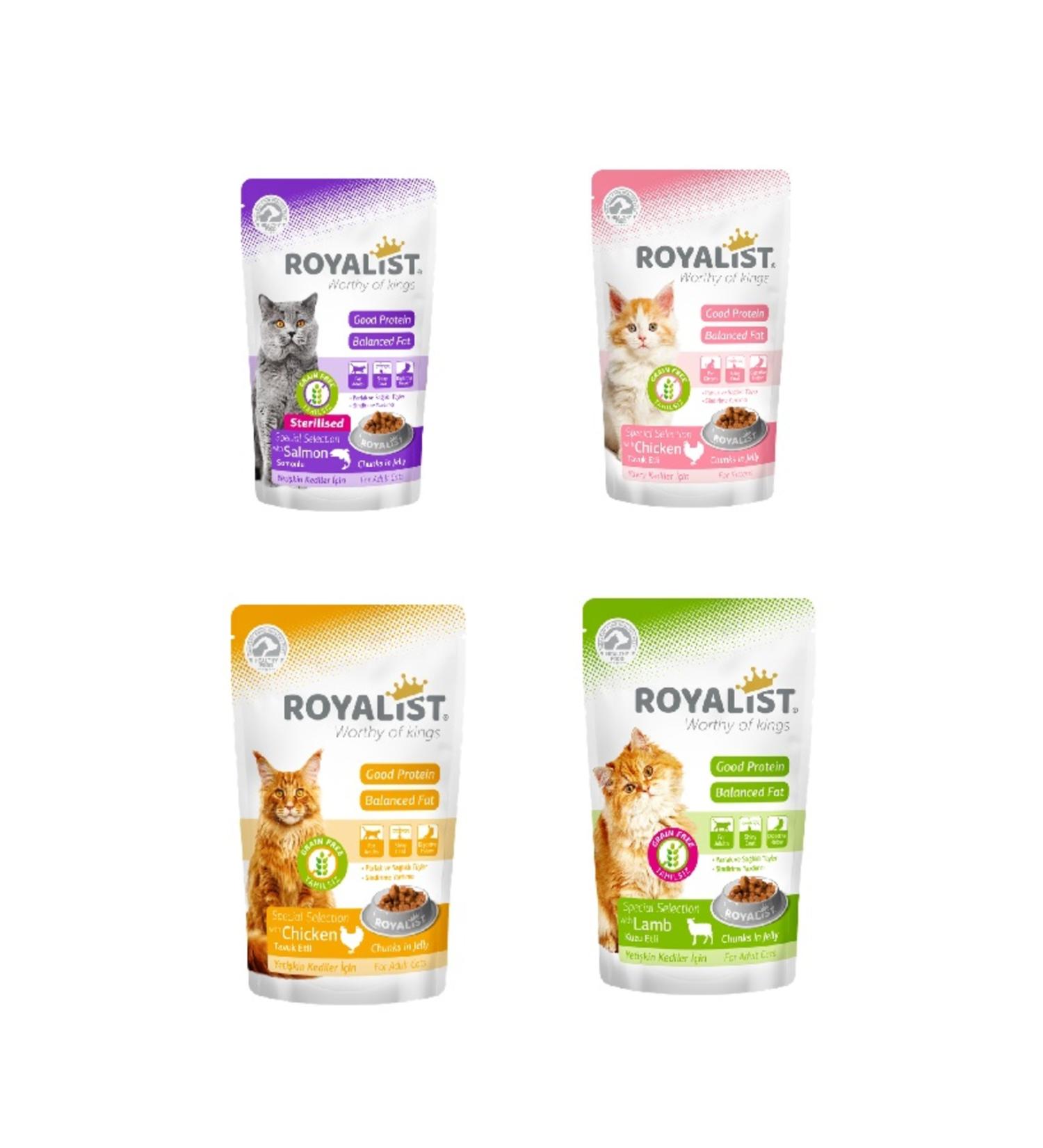Royalist 4 types of wet food pouch chicken lamb kitten sterile 24 x 85 gr