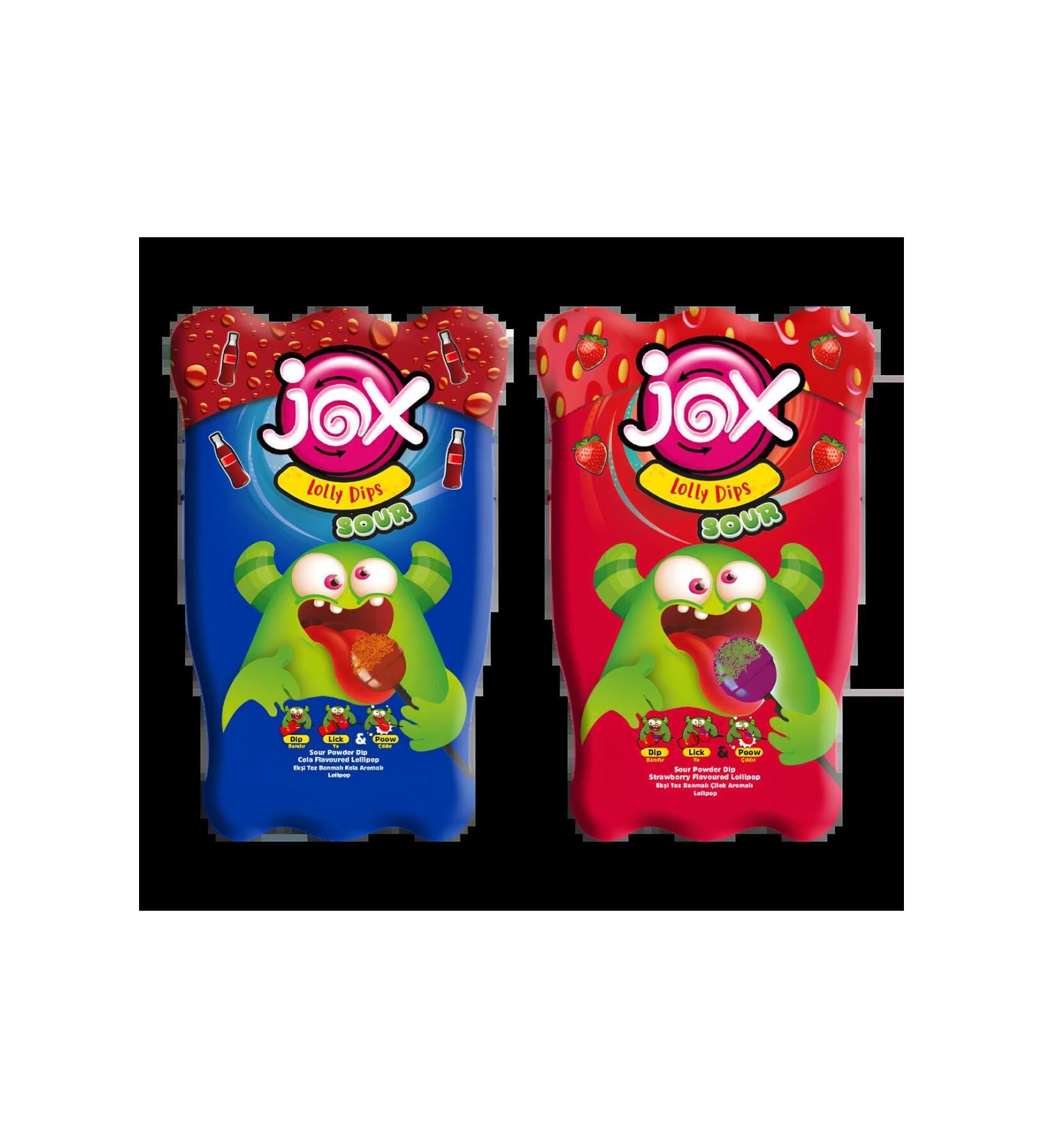 JOX SOUR POWDER DIP STRAWBERRY AND COLA LOLLIPOP 24 PIECES