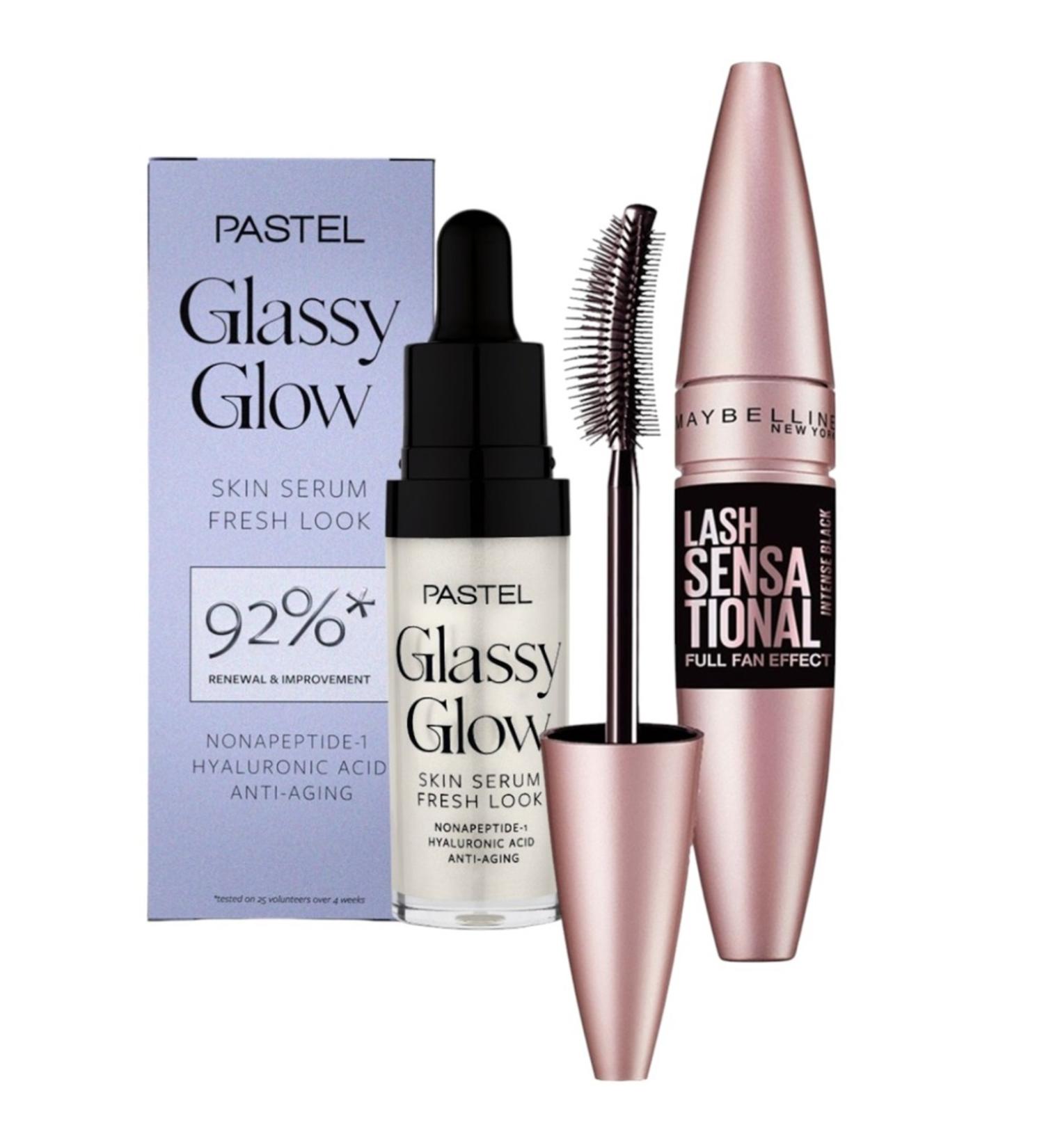 Pastel Glassy Glow Skin Brightening Skin Serum + Lash Sensational Mascara Extra Black