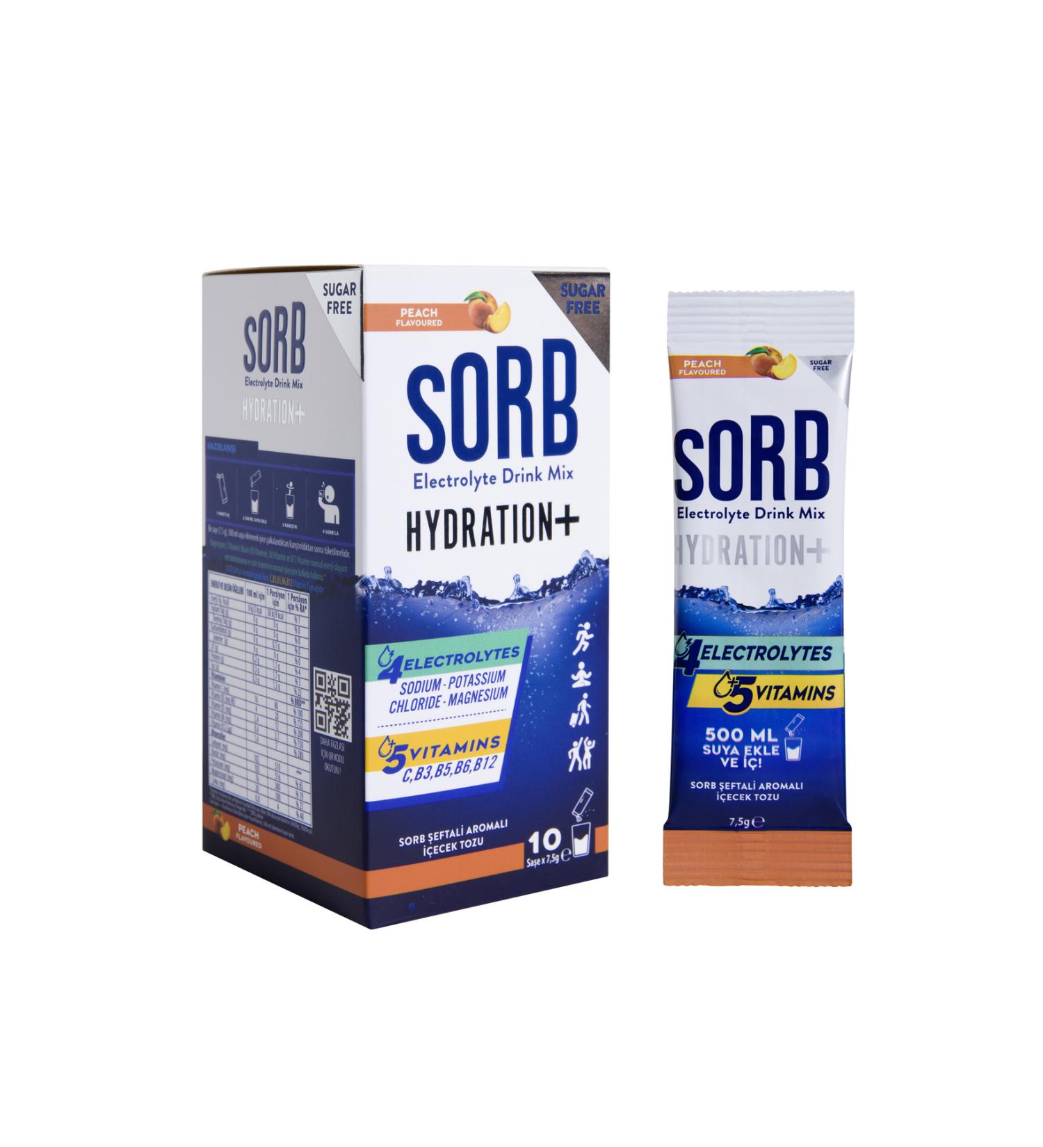 SORB - Sugar Free - Electrolyte Vitamin and Mineral Drink Powder - Peach - Contains 10 Stick Sachets. - Buy Online on GoSupps.com