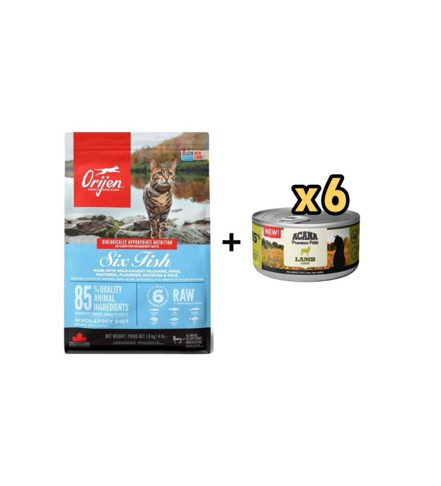 Orijen Six Fish Adult Cat Food 1.8 kg + 6 Pieces Acana Premium Lamb Paste Cat Canned Food 85 gr