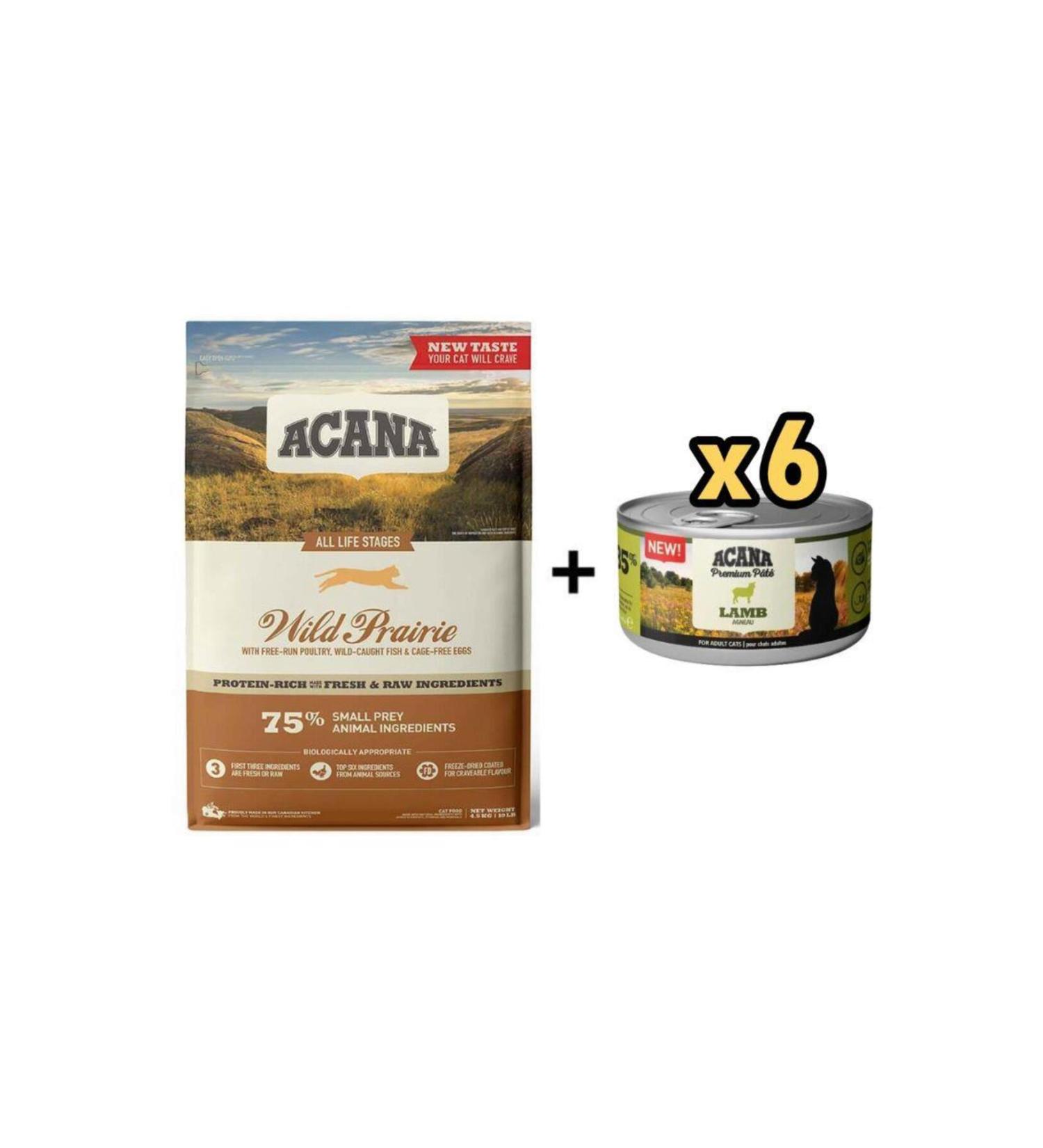 Acana Wild Prairie Grain-Free Cat Food with Chicken and Fish 4.5kg + 6 Pieces Acana Premium Lamb Paste
