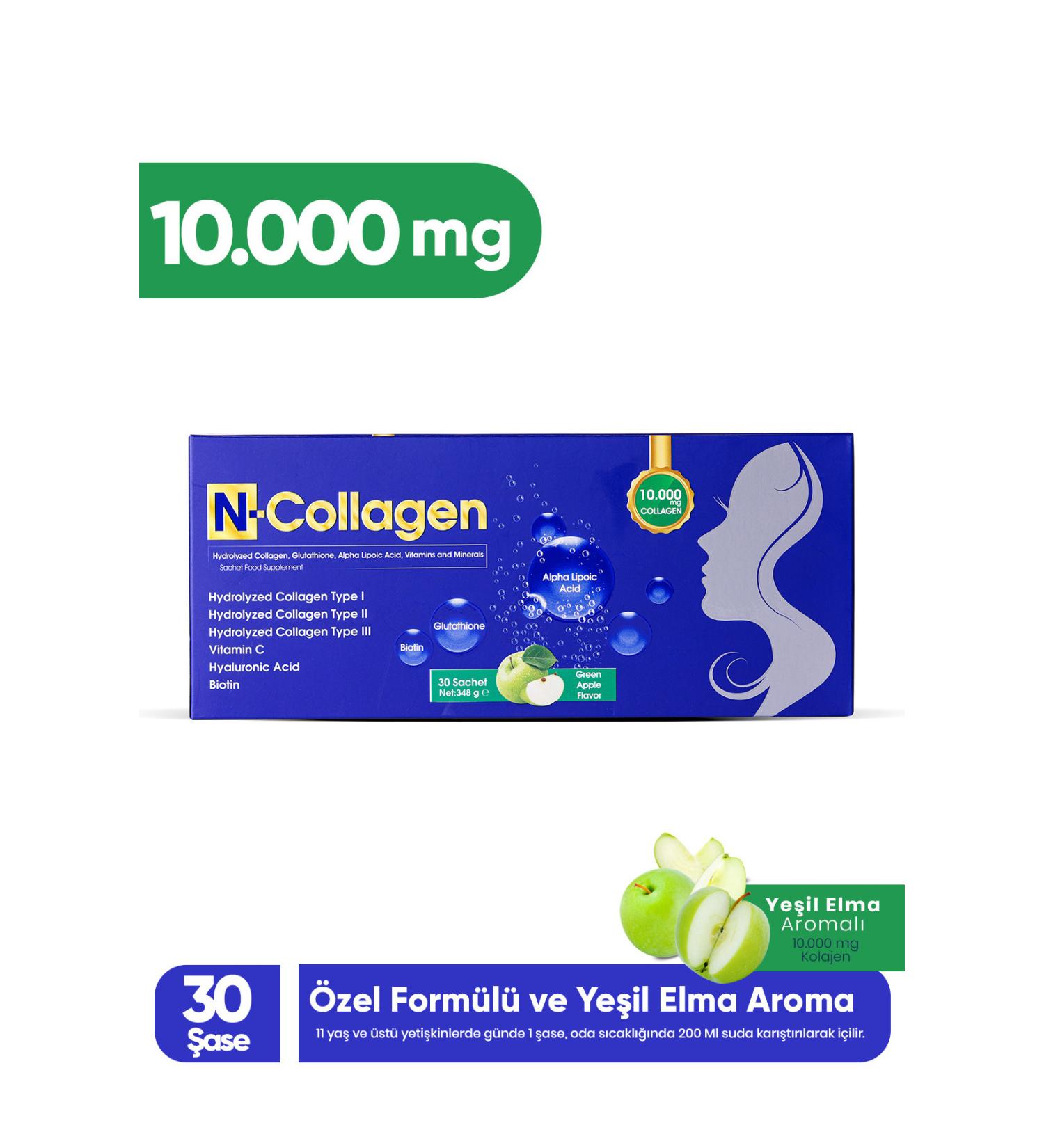 N-Collagen 30 Sachet Collagen Easily Soluble 10 000 Mg Type 1/2/3 Contains Vitamins and Minerals Green Apple Flavored - Buy Online on GoSupps.com