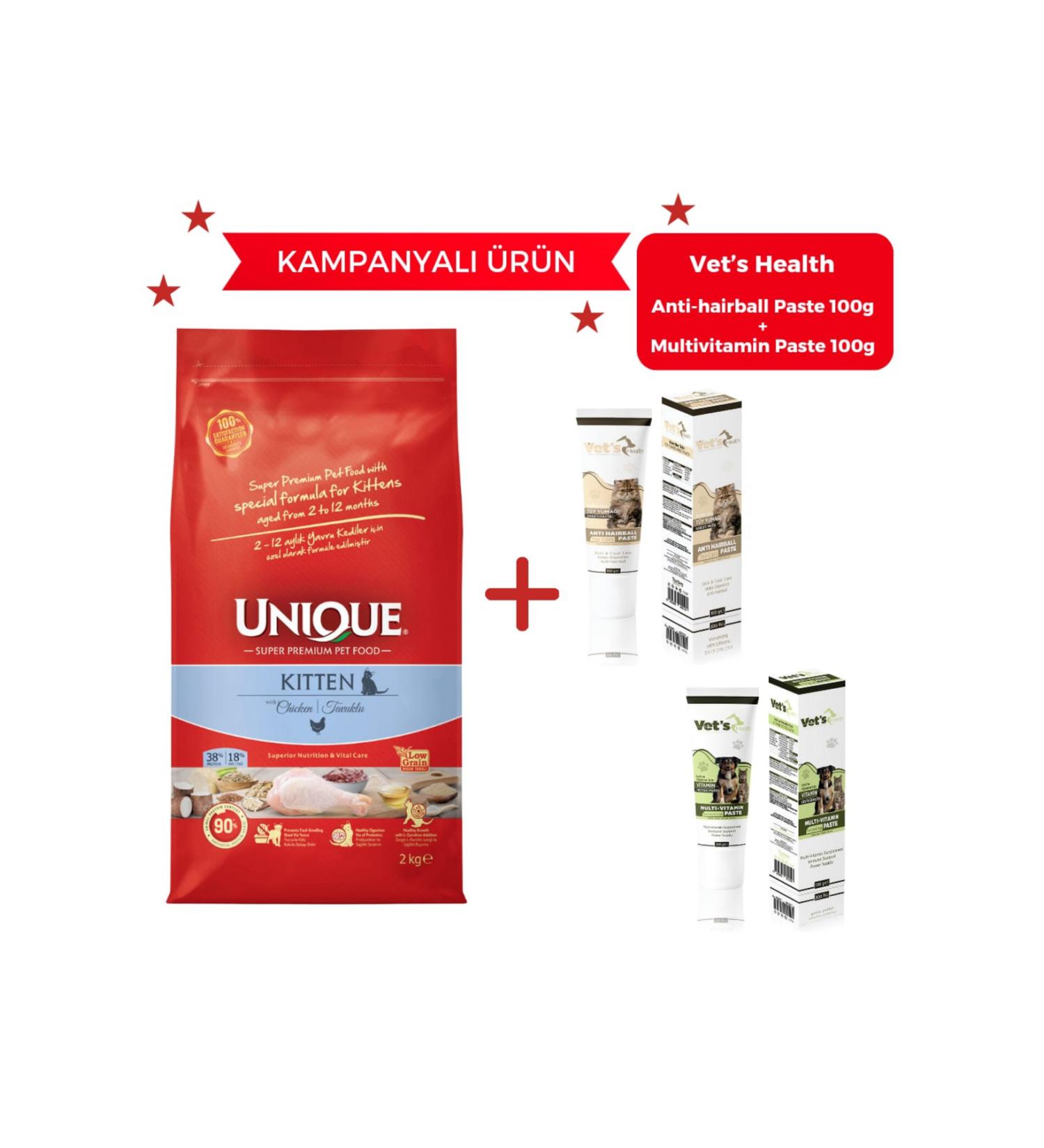 Unique Kitten Cat Food Chicken - Vet's Health Anti-hairball 100g + multivitamin 100g