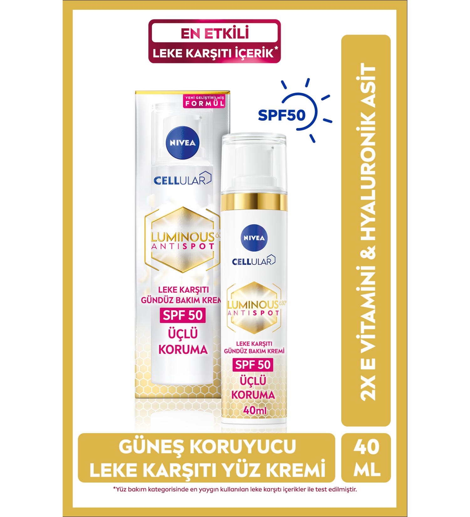 NIVEA Luminous630 Anti-Spot Day Face Cream with Sun Protection 40ml SPF50 Hyaluronic Acid Vitamin E - Buy Online on GoSupps.com