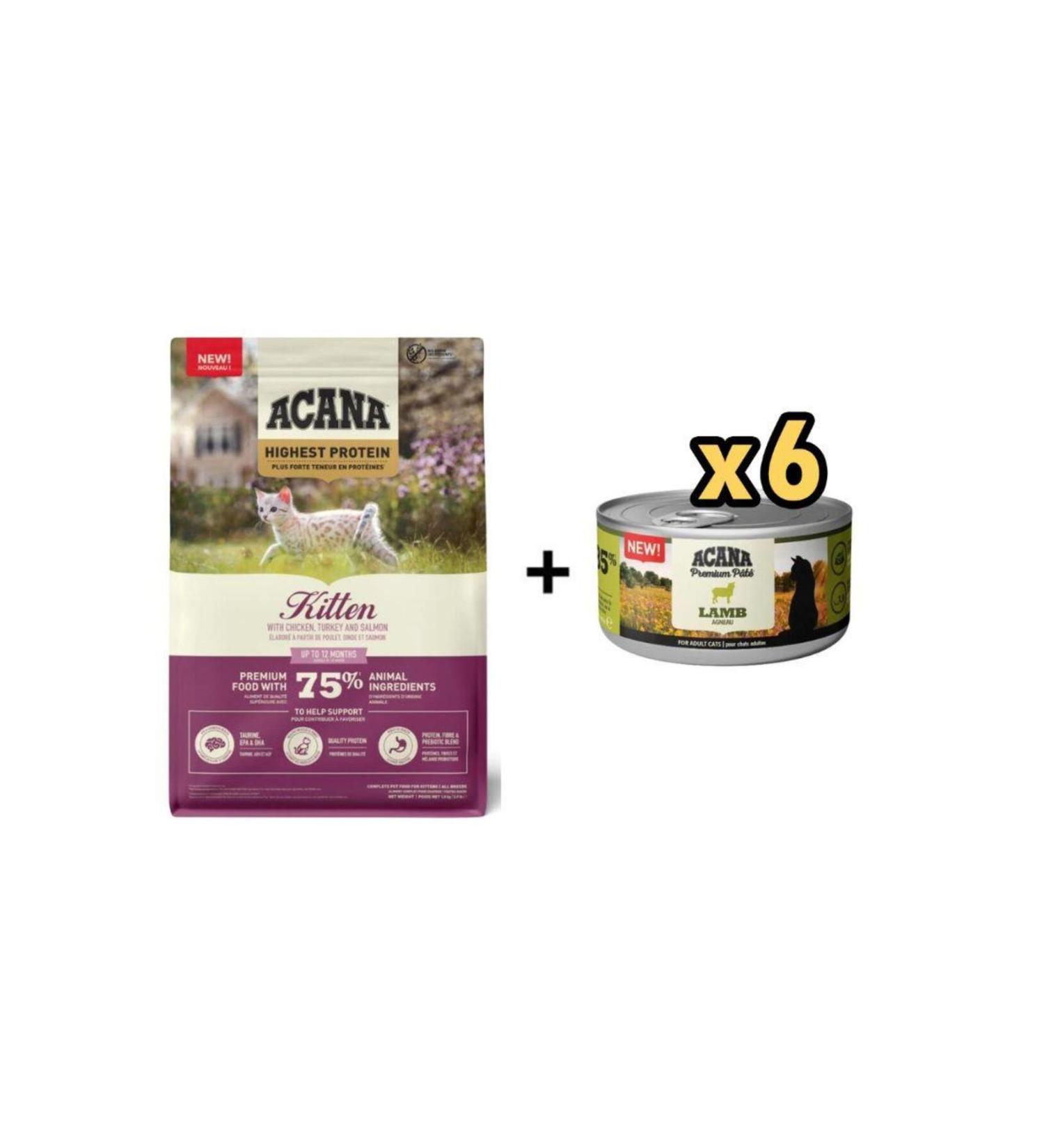 Acana Highest Protein Kitten Kitten Cat Food 1.8 Kg + 6 Pieces Acana Premium Lamb Paste Cat Concert