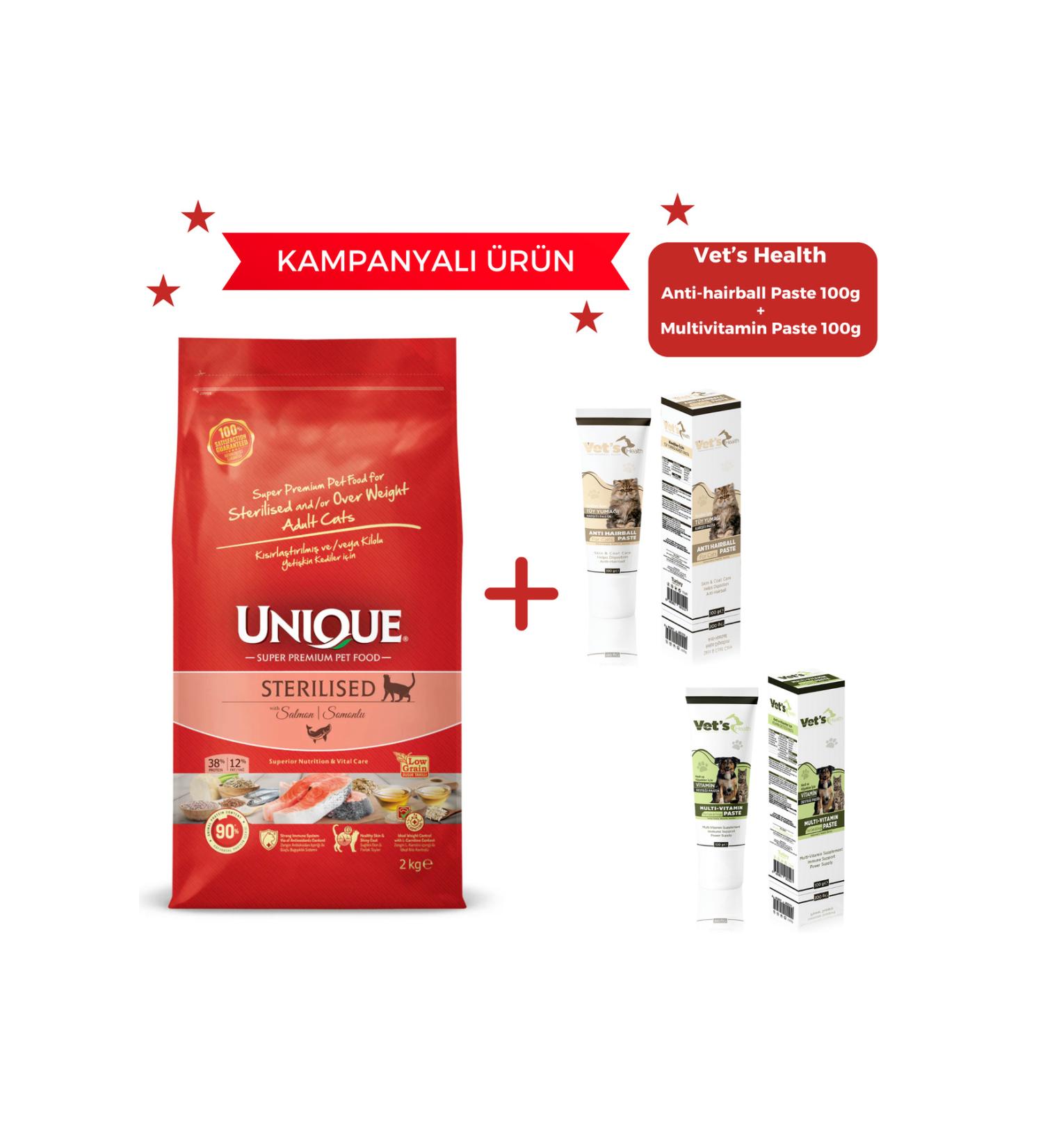 Unique Salmon Sterilized Cat Food 2 kg + Antihairball Paste and Multivitamin Paste