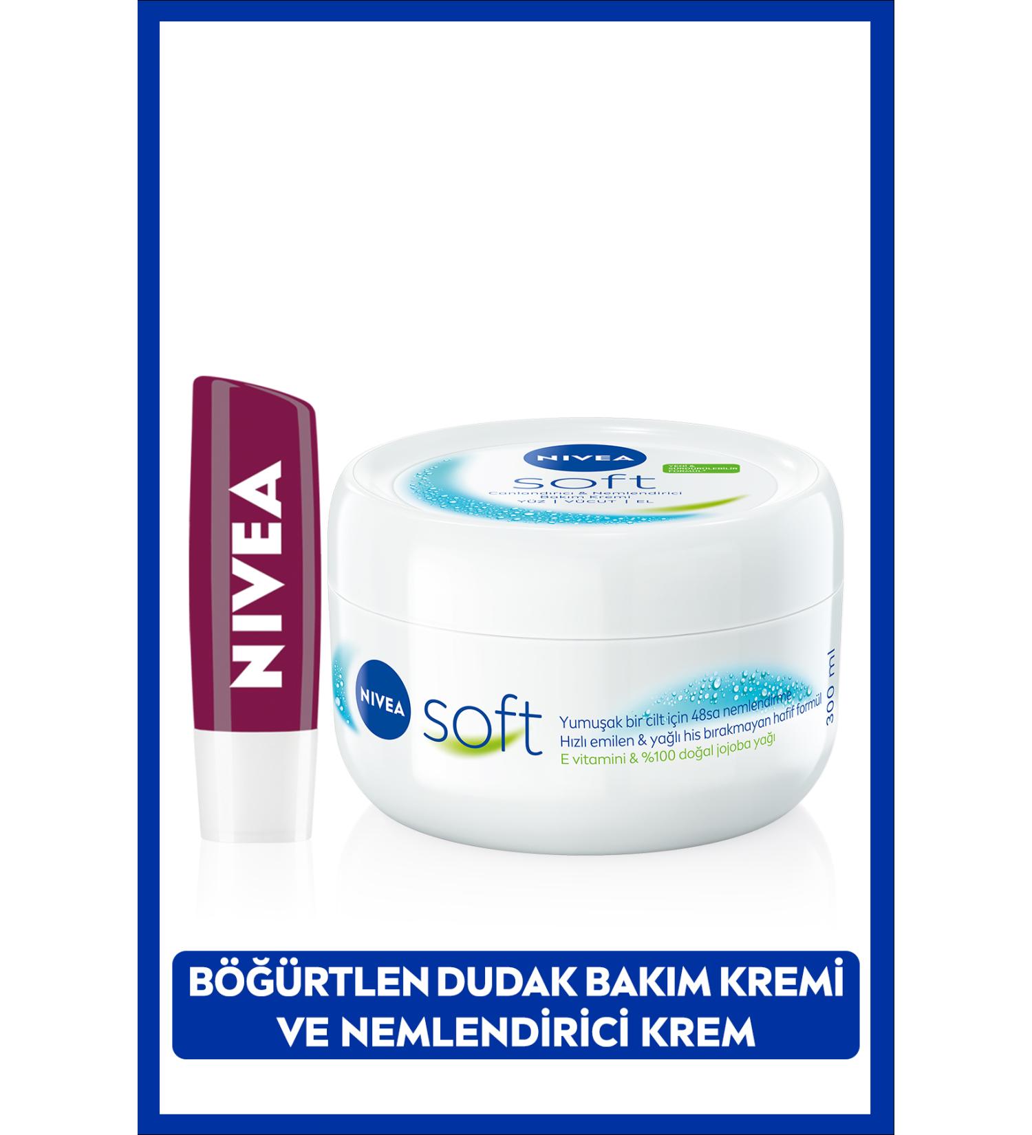 NIVEA Soft Cream 300ml and Blackberry Moisturizing Lip Care Cream 4.8gr Burgundy Shimmer Natural Oils - Buy Online on GoSupps.com