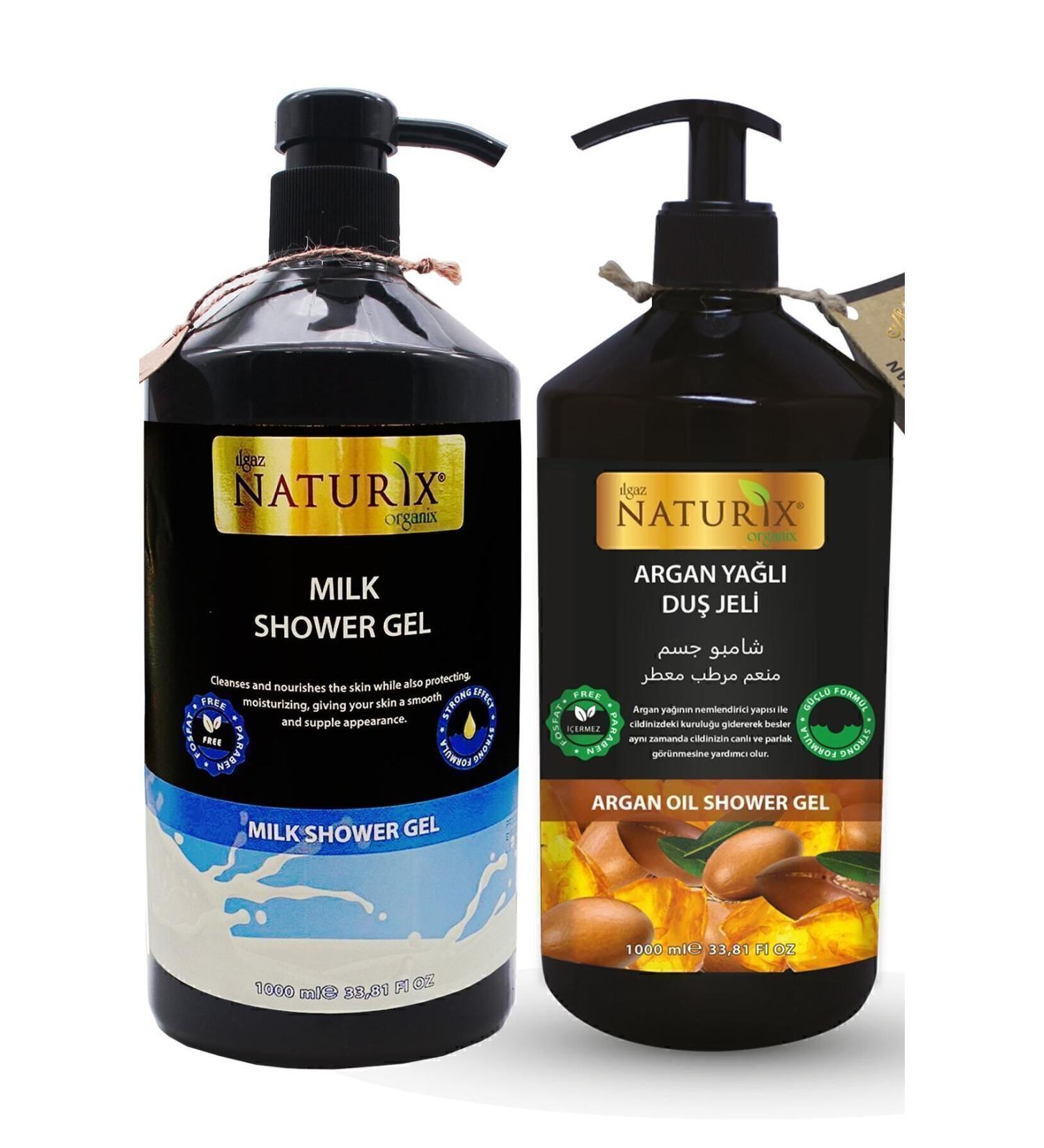 Naturix Organic Argan Oil Shower Gel 1000 Ml + Milky Shower Gel 1000 Ml 2-Piece Family Shower Gel Set