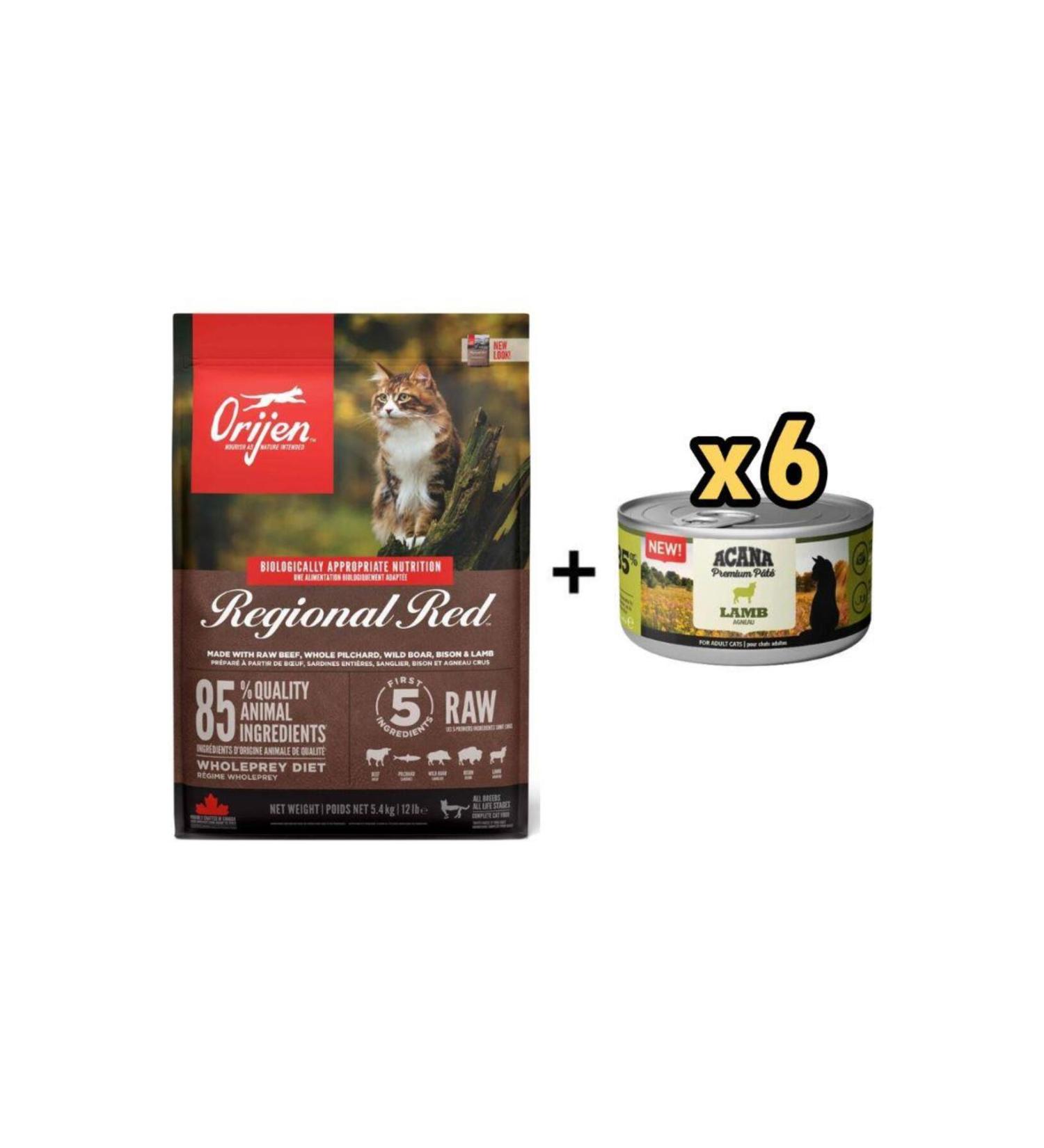 Orijen Regional Red Red Meat Grain-Free Cat Food 5.4kg + 6 Pieces Acana Premium Lamb Paste Cat
