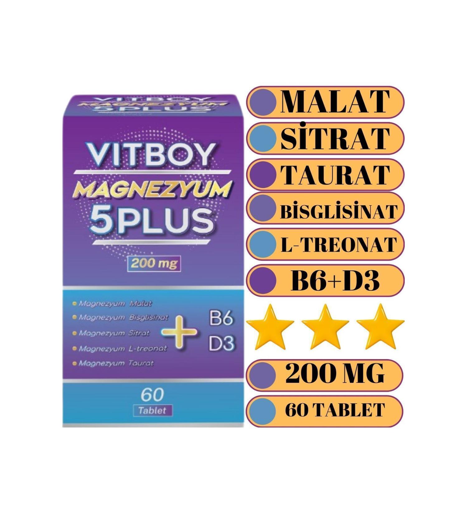 Vitboy Magnesium 5 Plus 60 Tablets 200mg Malate-Bisglycinate-Citrate-L-Threonate-Taurate-B6-D3 - Buy Online on GoSupps.com